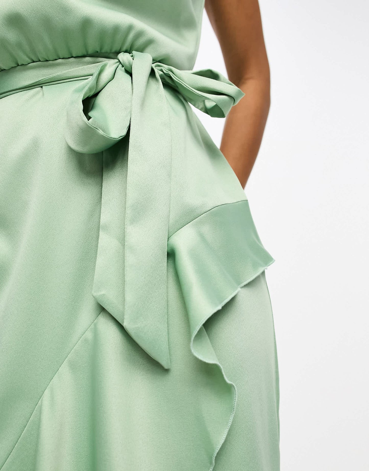Style Cheat ruffle wrap satin midi dress in sage green
