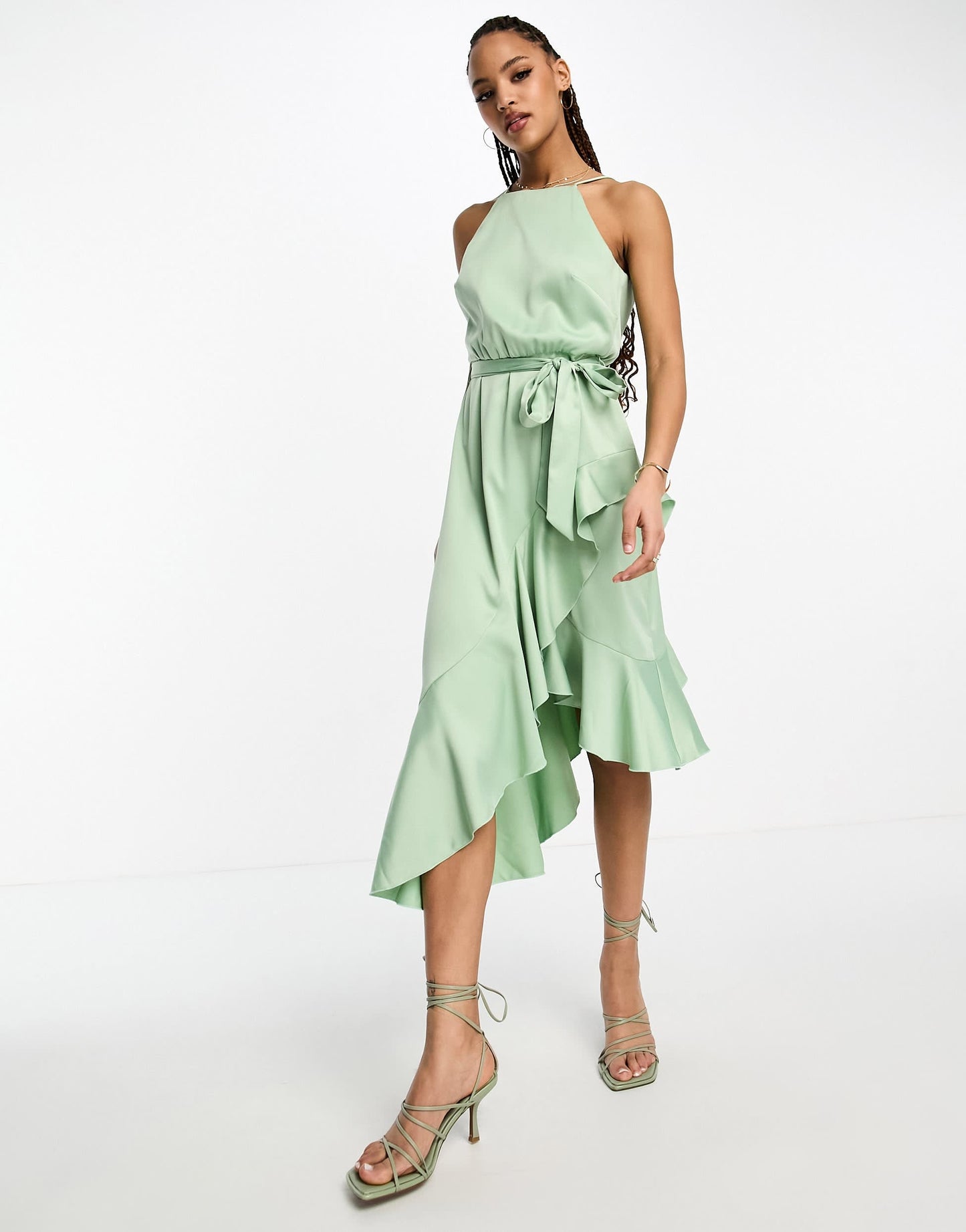 Style Cheat ruffle wrap satin midi dress in sage green