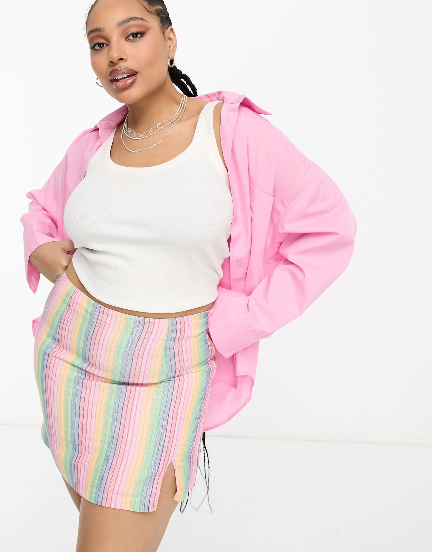 Daisy Street Plus linen look mini skirt in rainbow stripe