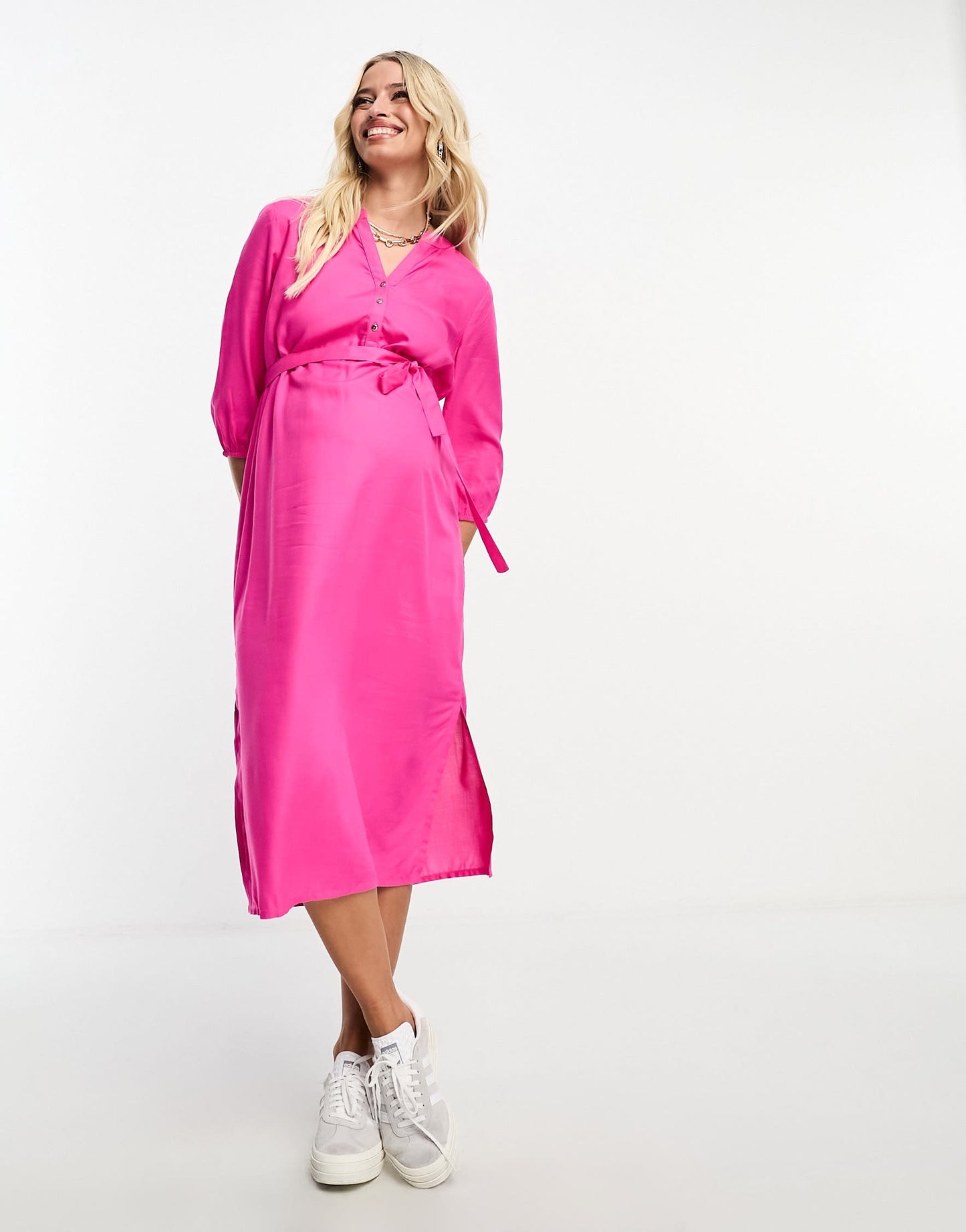 Mamalicious Maternity long sleeve wrap midi dress in pink