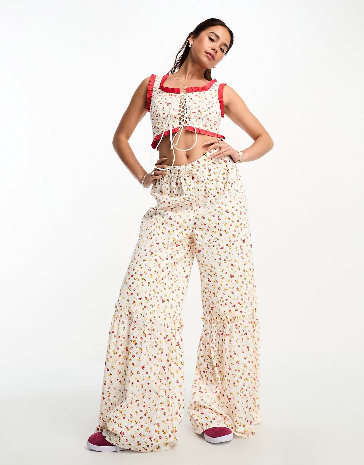 Neon Rose ditsy floral print lace up corset co-ord top in multi