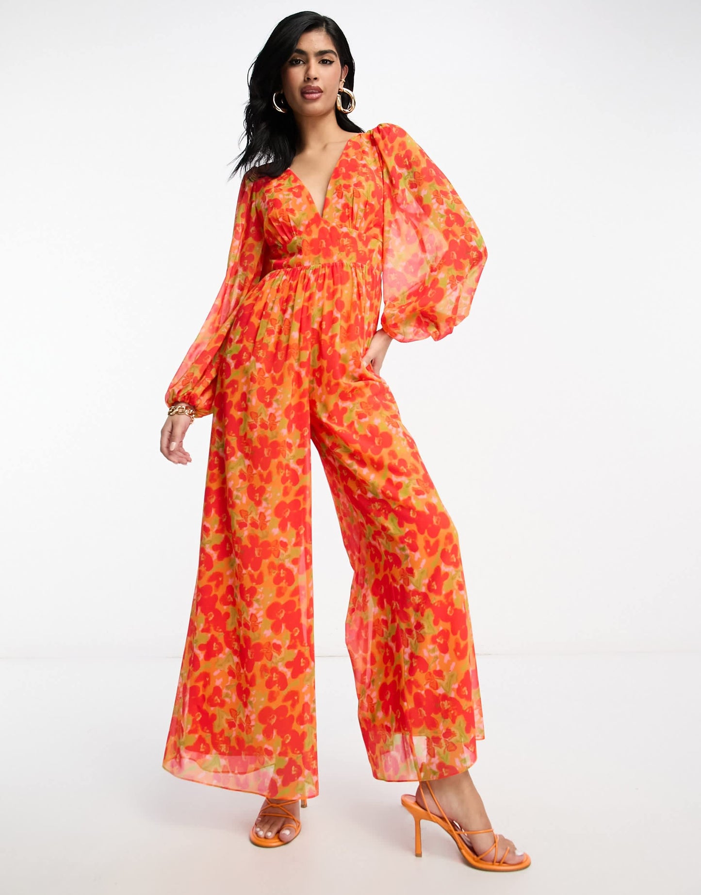 Pretty Lavish wide leg jumpsuit in red and orange floral