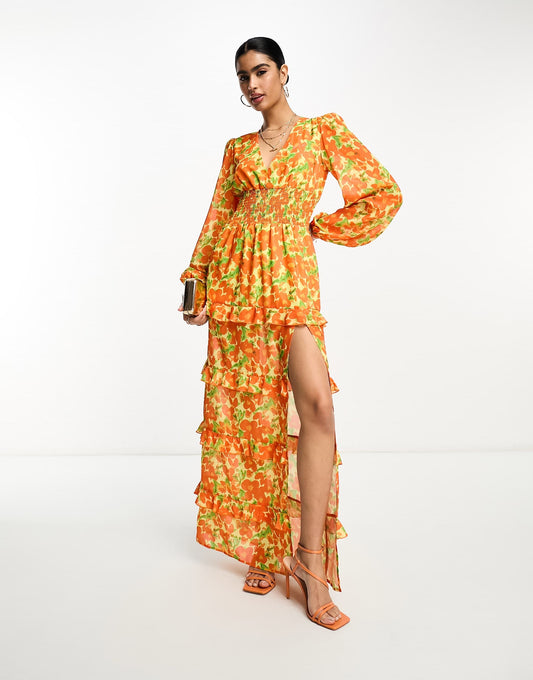 Pretty Lavish shirred waist maxi dress in orange and yellow floral