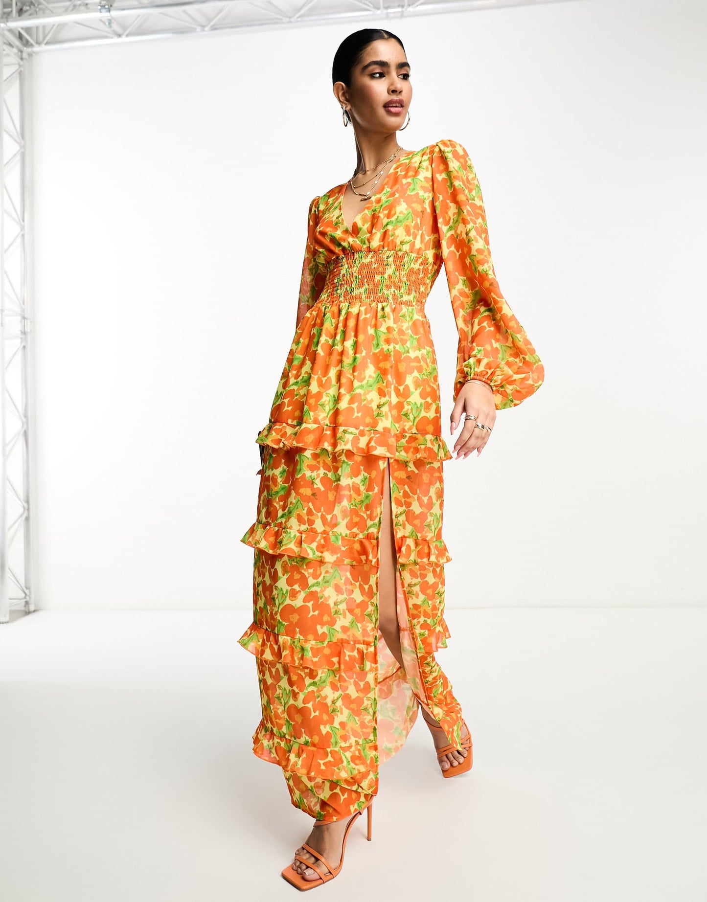 Pretty Lavish shirred waist maxi dress in orange and yellow floral