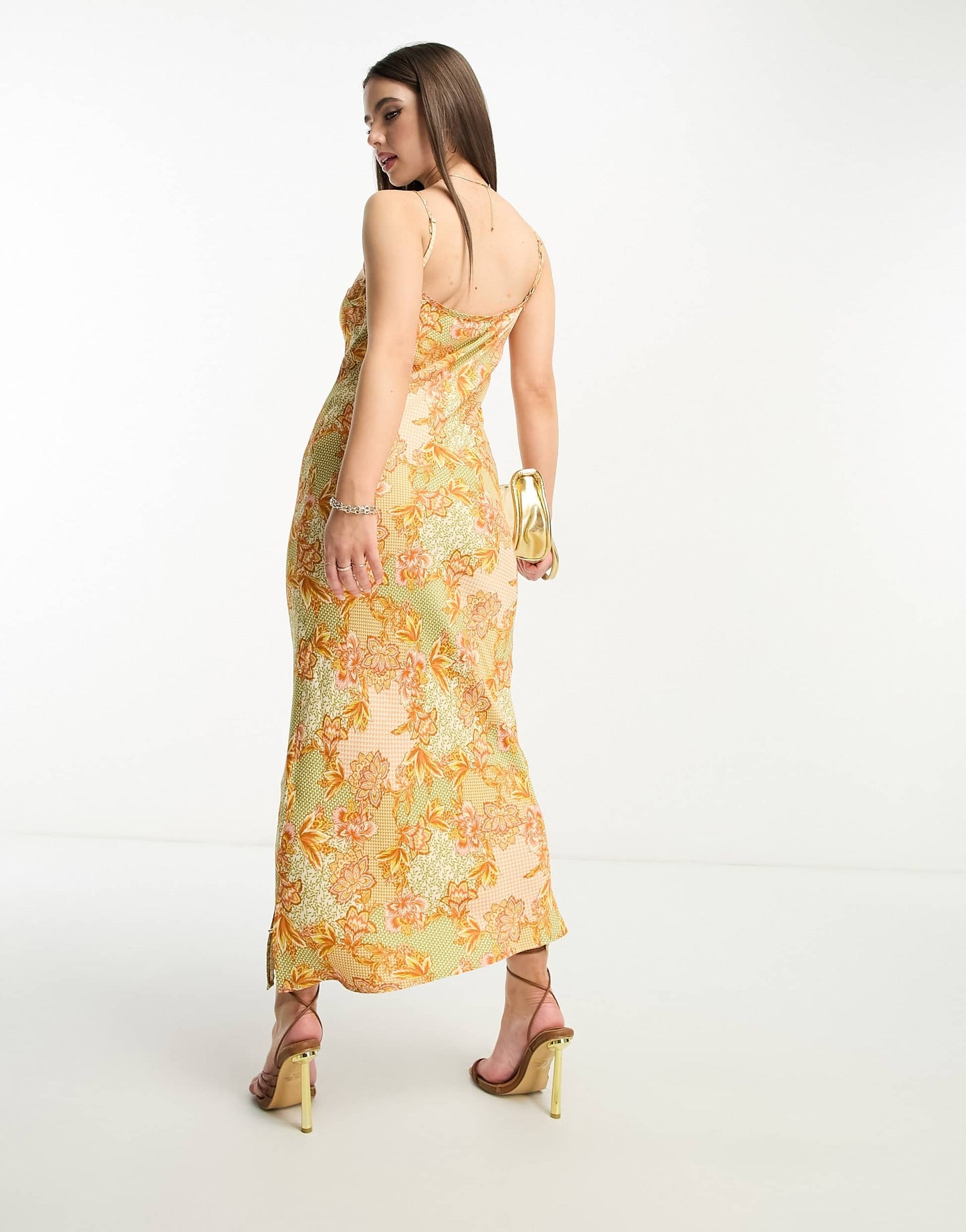 Never Fully Dressed Petite satin slip maxi dress in lavish gold floral