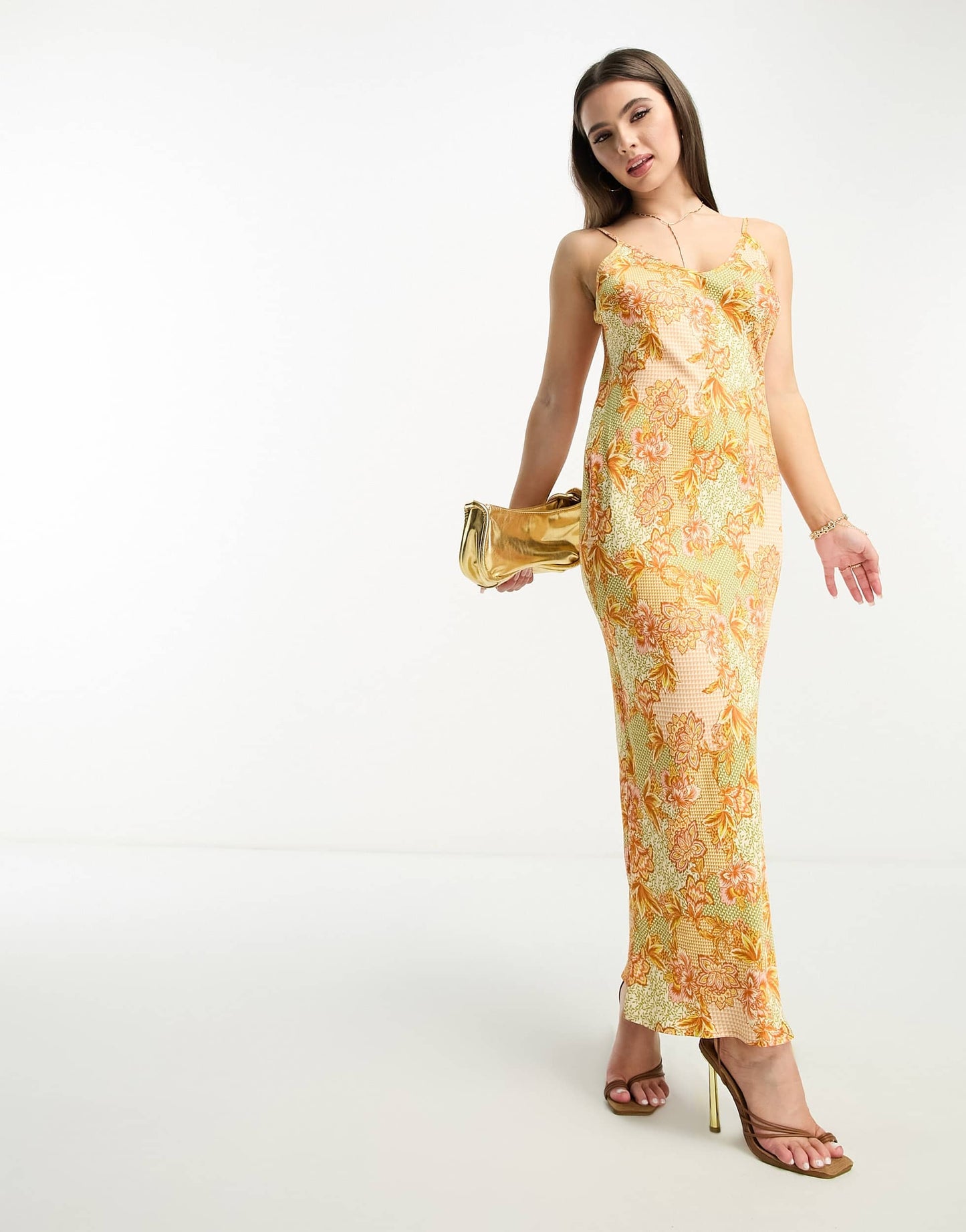 Never Fully Dressed Petite satin slip maxi dress in lavish gold floral