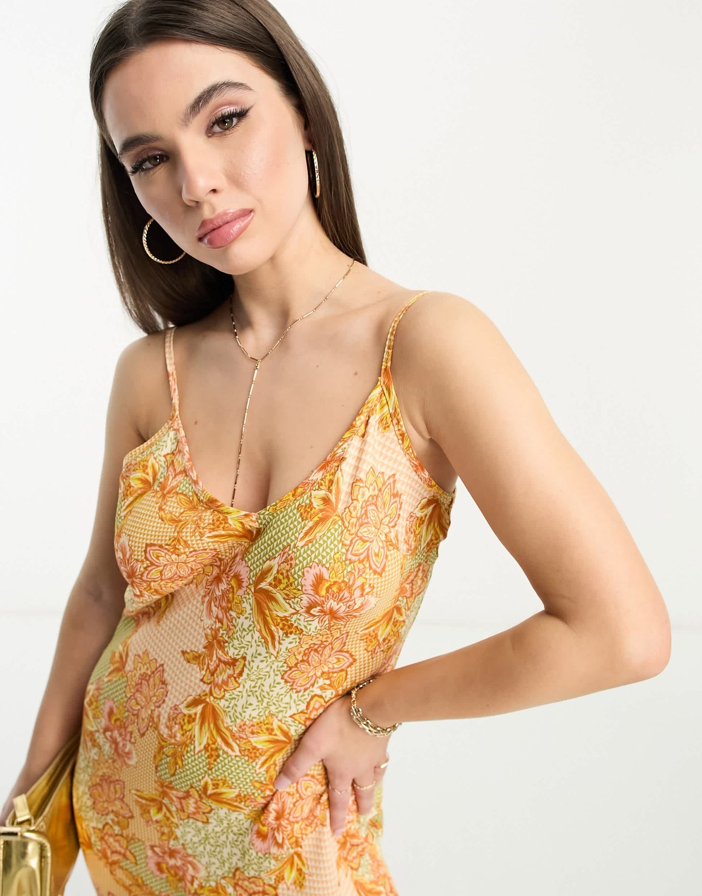 Never Fully Dressed Petite satin slip maxi dress in lavish gold floral
