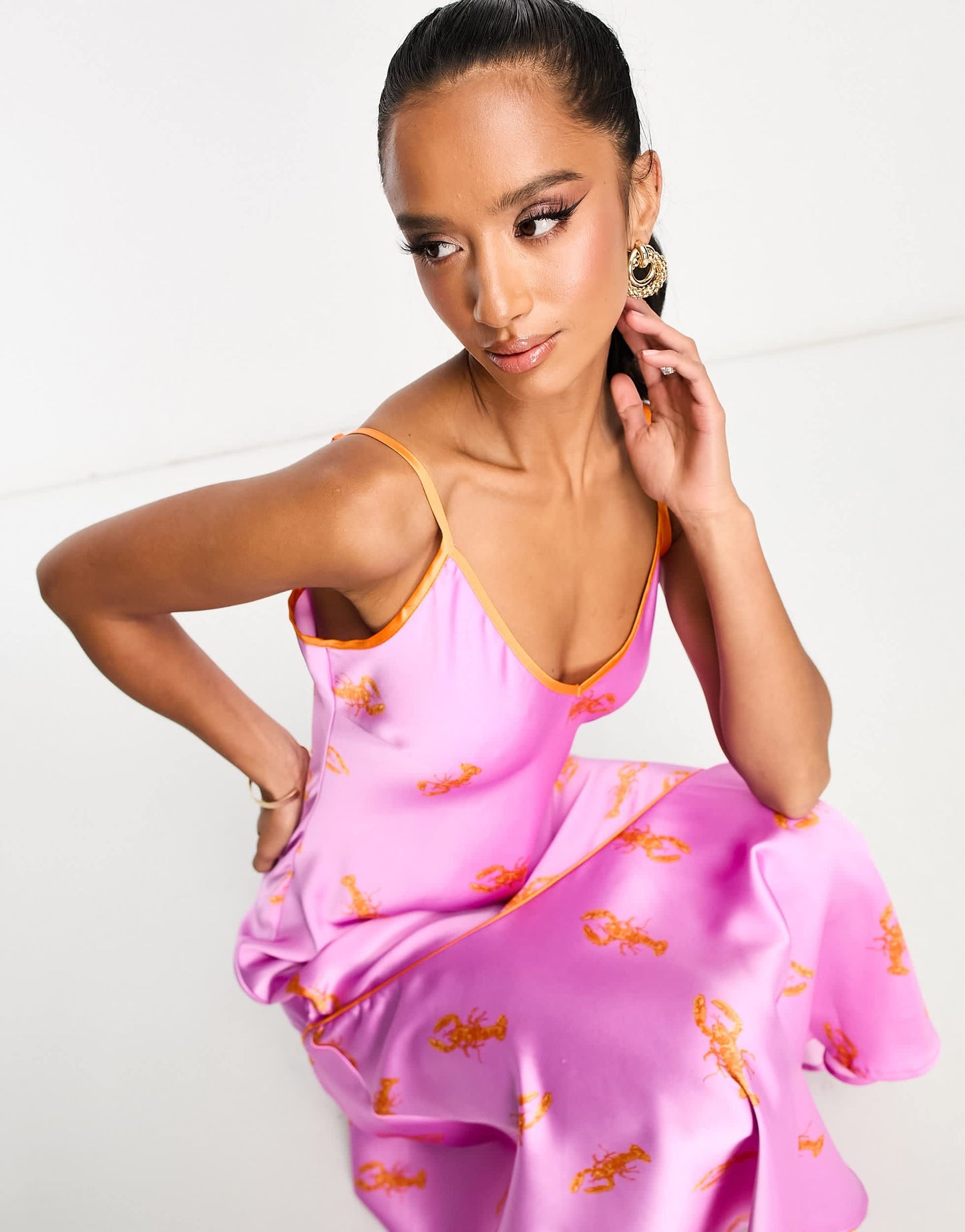 Never Fully Dressed Petite asymmetric contrast satin slip dress in lilac lobster