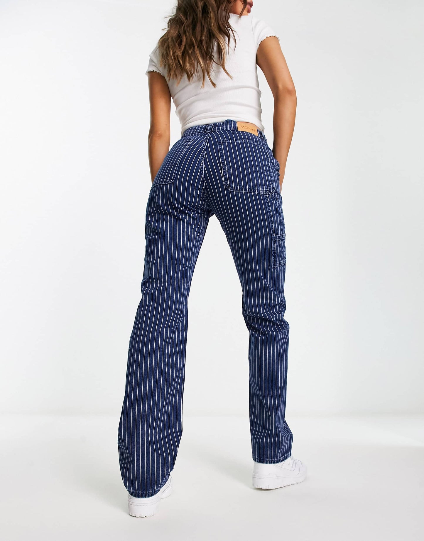 Monki workwear straight leg jeans in blue pinstripe