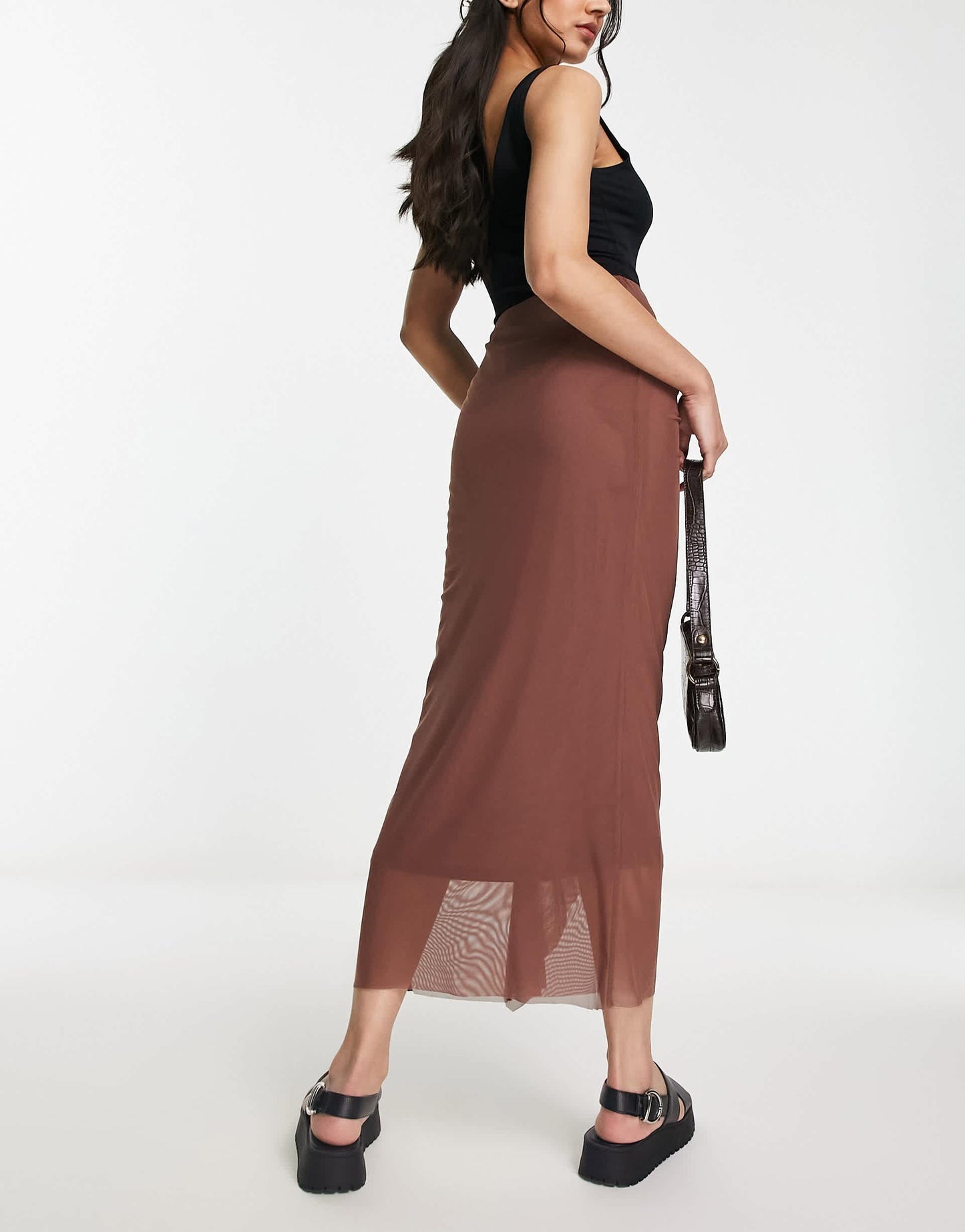 River Island mesh ruched midi skirt in dark brown