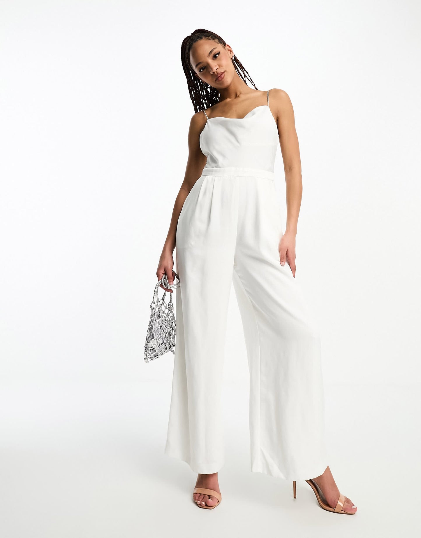 Forever New cowl neck satin jumpsuit in white