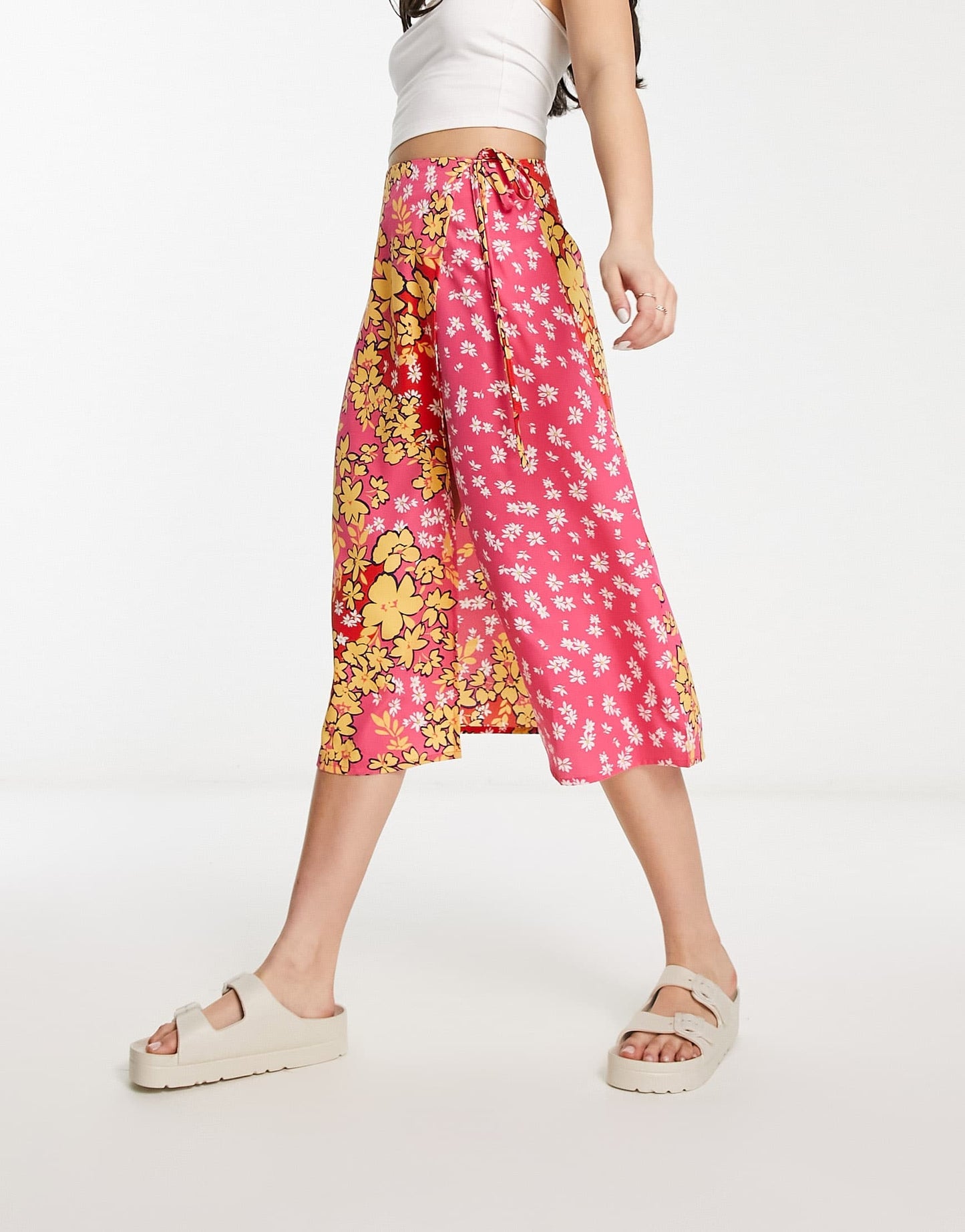 Wednesday's Girl multi floral print wrap skirt in pink