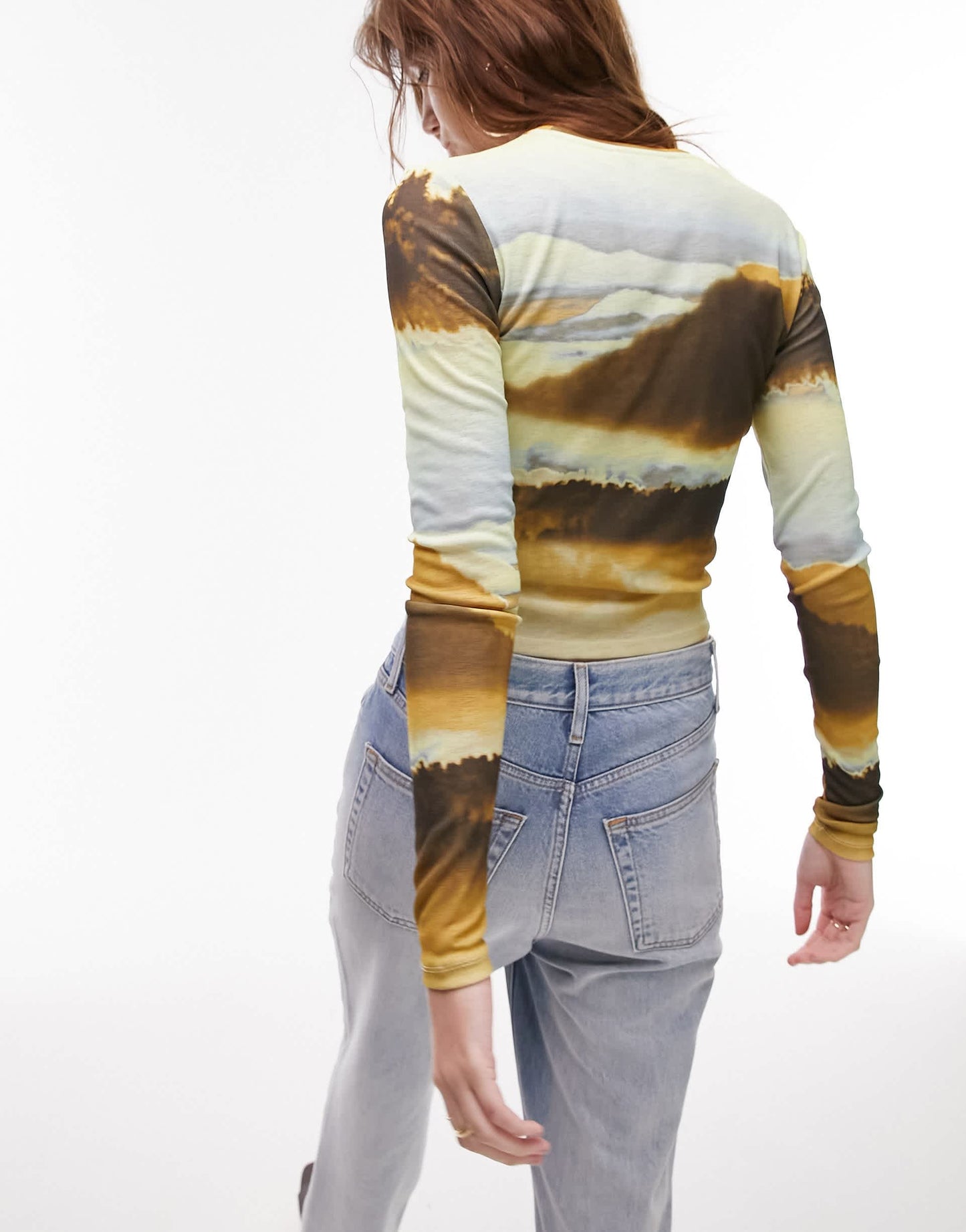 Topshop landscape long sleeve mesh top in multi