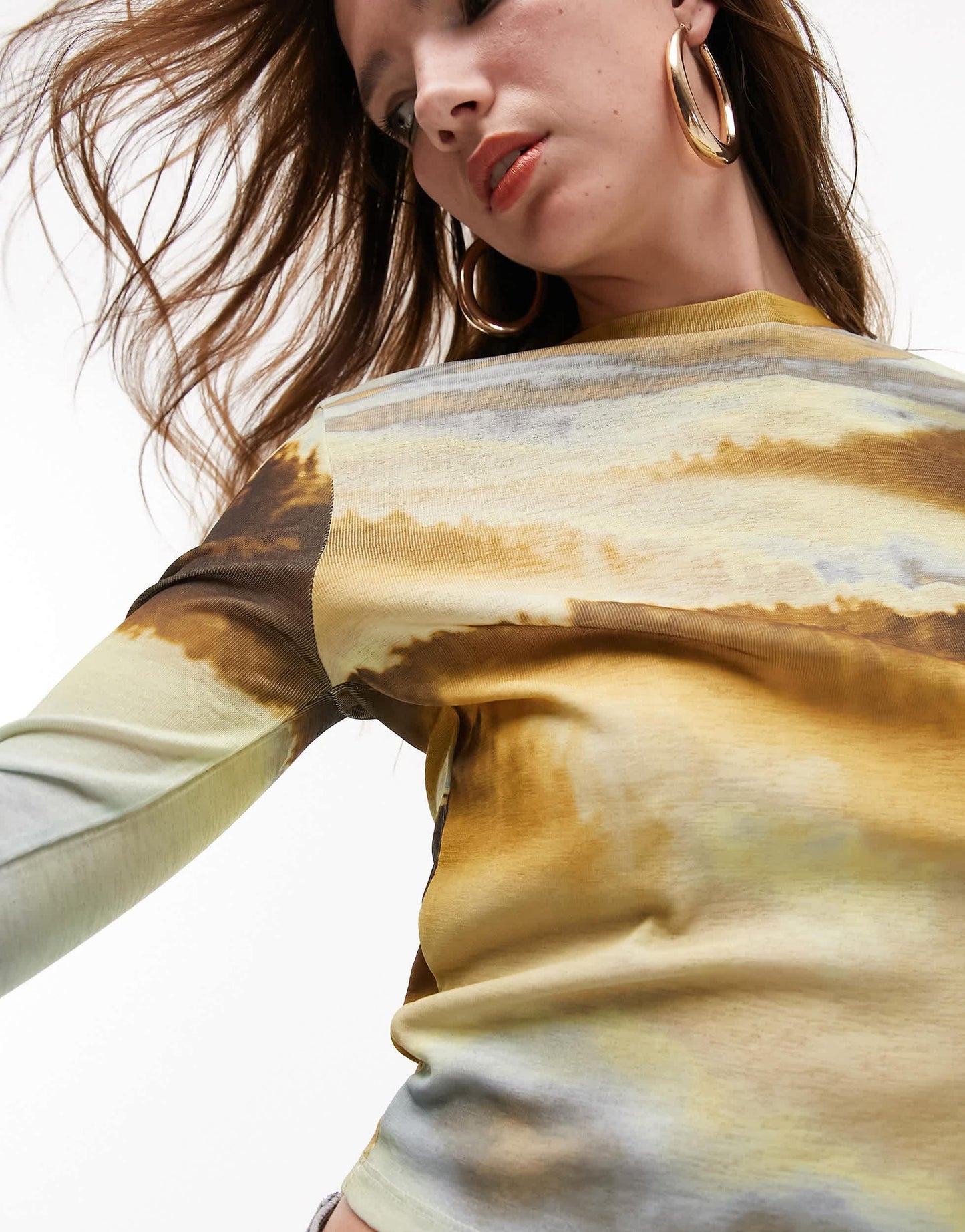 Topshop landscape long sleeve mesh top in multi