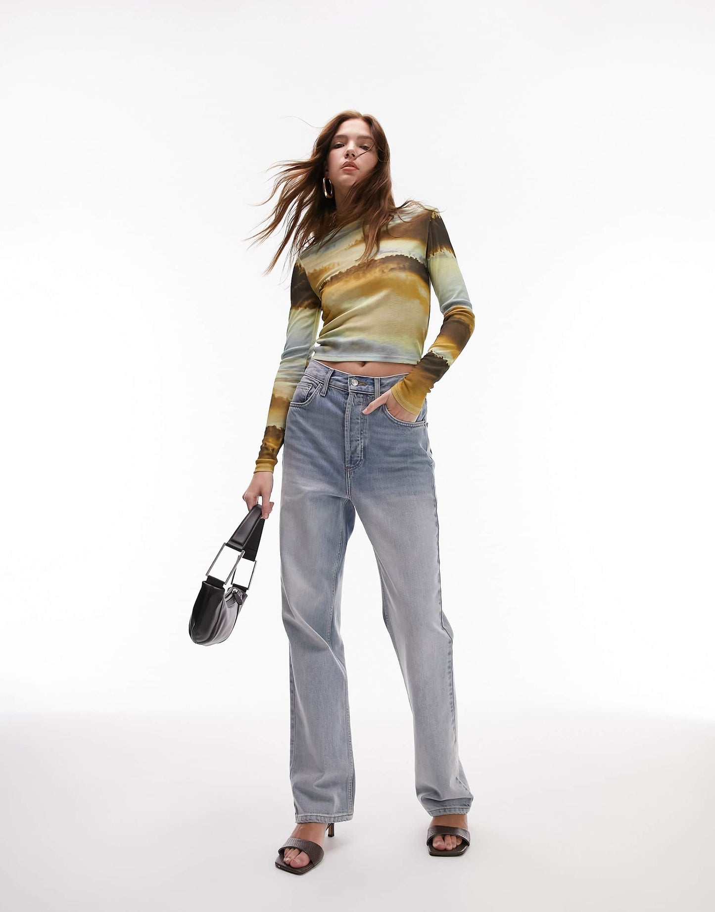 Topshop landscape long sleeve mesh top in multi