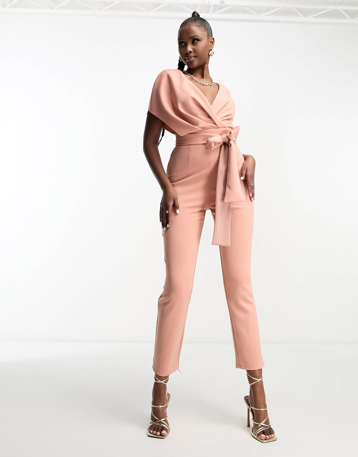ASOS DESIGN fallen shoulder scuba jumpsuit in blush