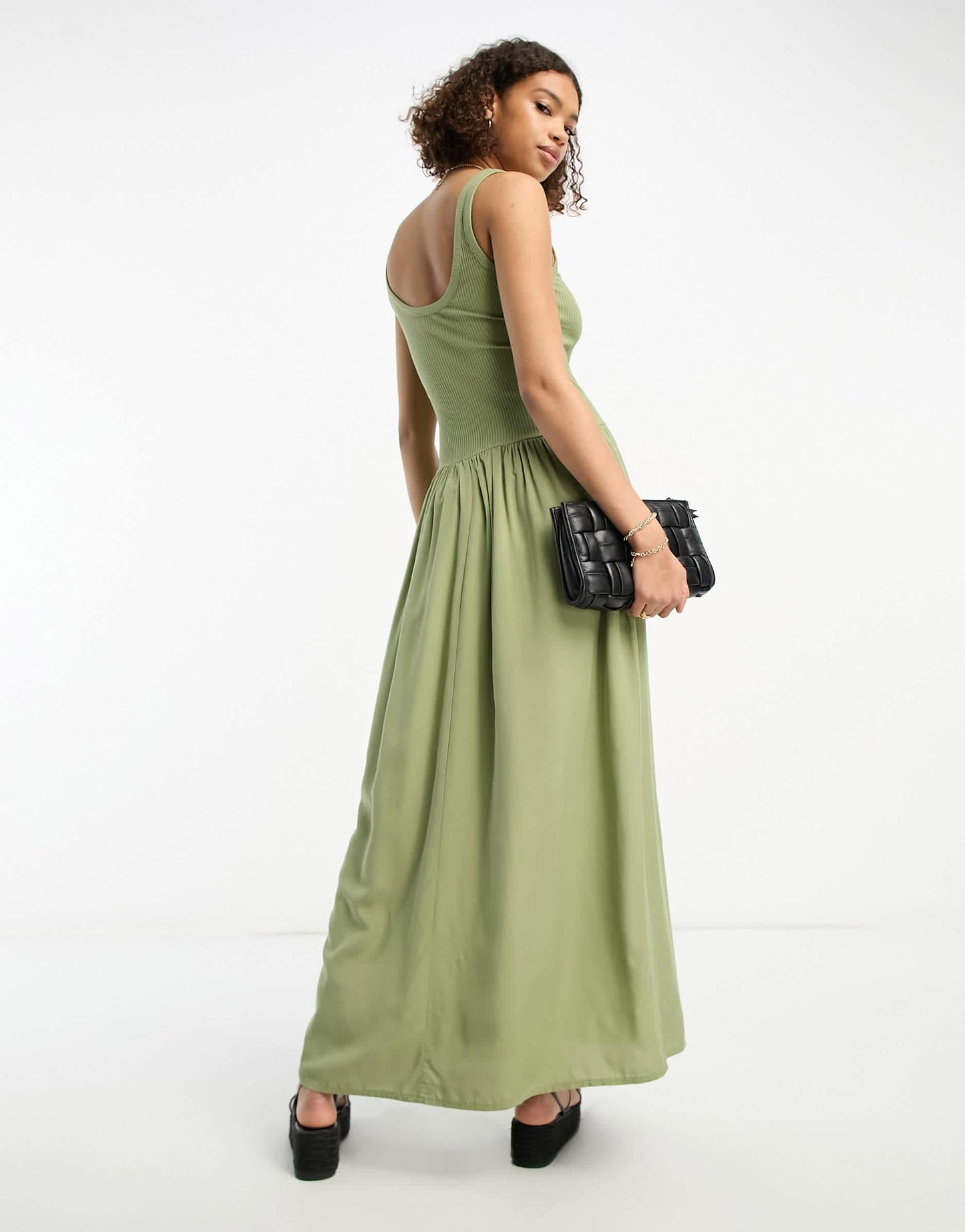 ASOS DESIGN ribbed scoop neck midi dress with dropped waist in khaki