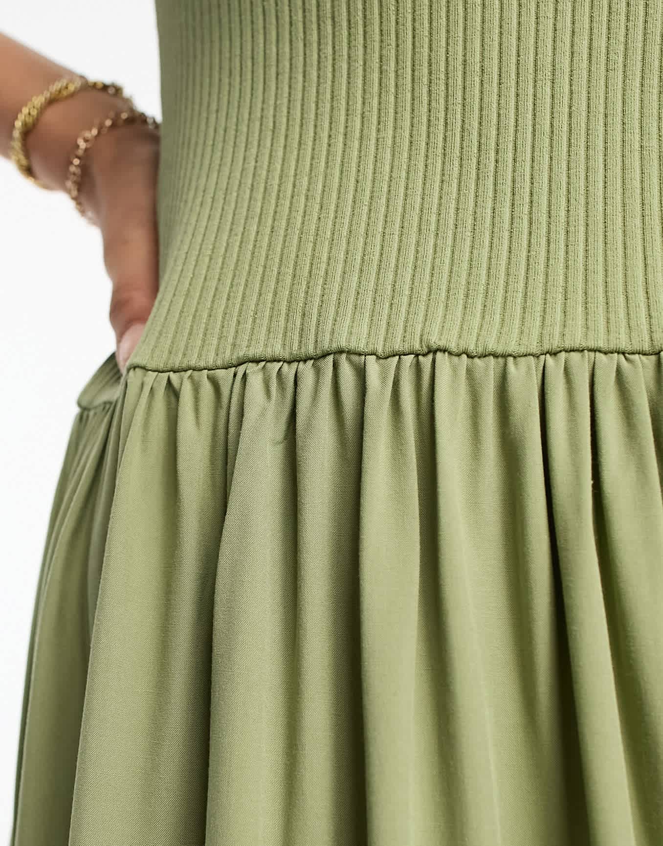 ASOS DESIGN ribbed scoop neck midi dress with dropped waist in khaki