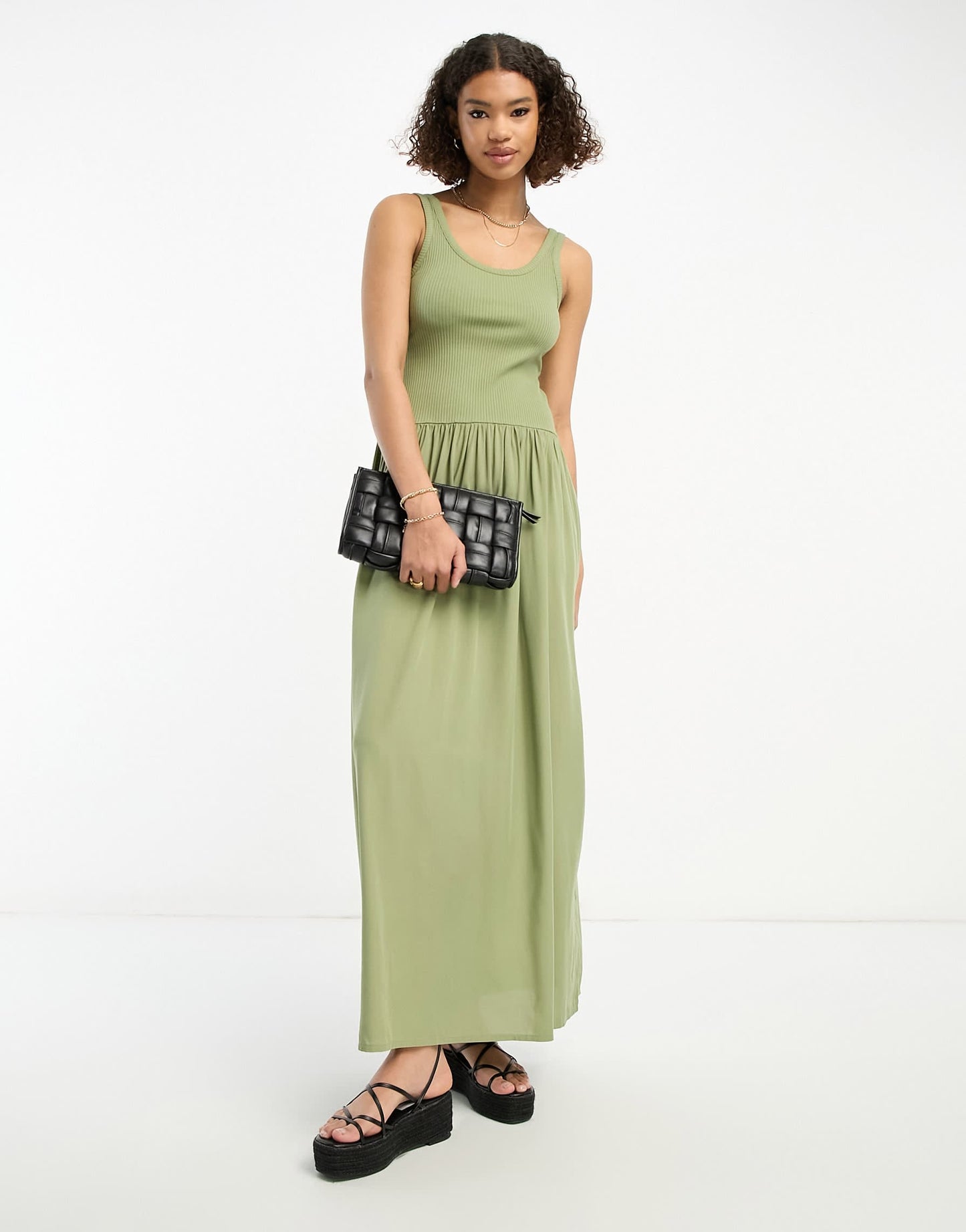 ASOS DESIGN ribbed scoop neck midi dress with dropped waist in khaki
