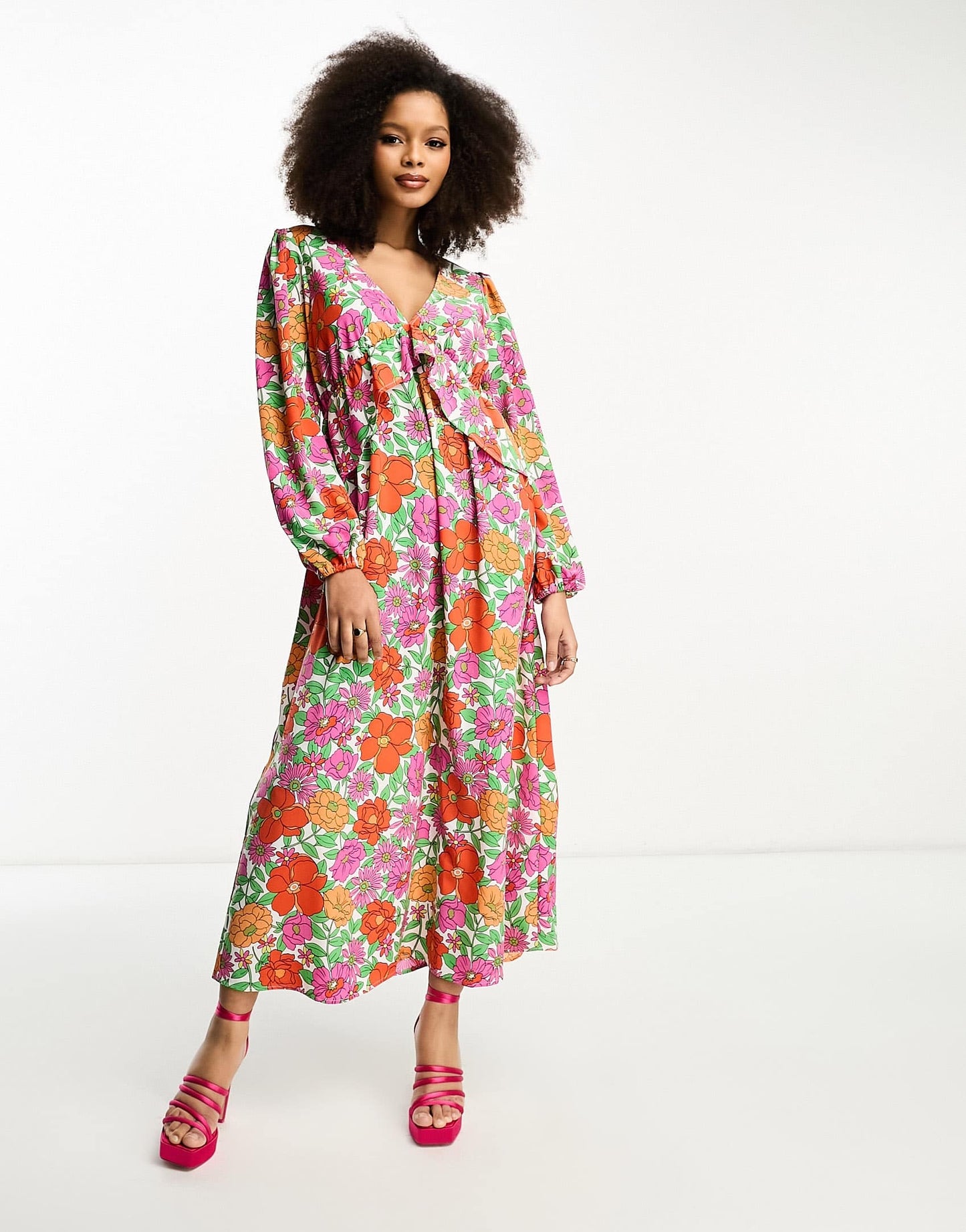 Vila balloon sleeve midi dress with frill waist in bright bold floral