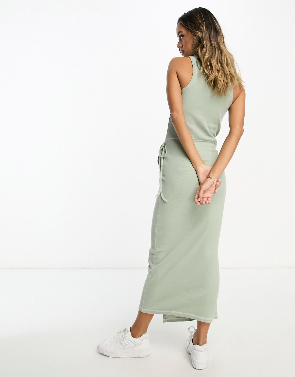 ASOS DESIGN ribbed midi dress with wrap skirt and contrast stitching in sage