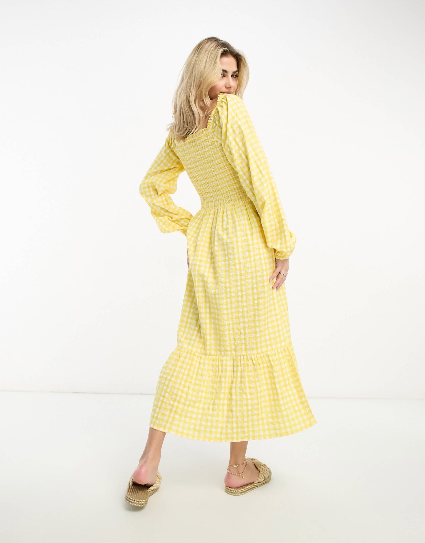 Monki long sleeve midi dress with ruffled hem in yellow gingham
