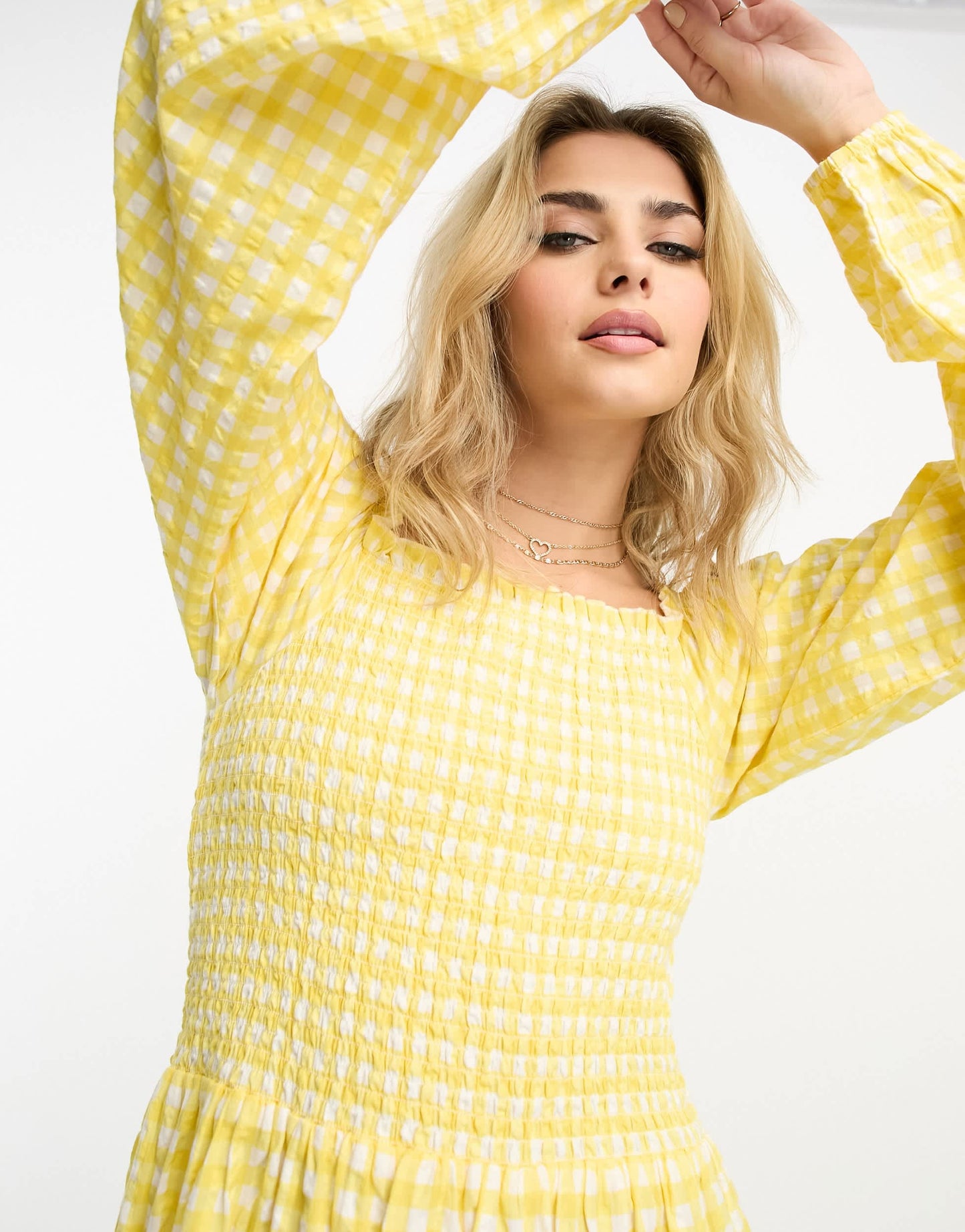 Monki long sleeve midi dress with ruffled hem in yellow gingham