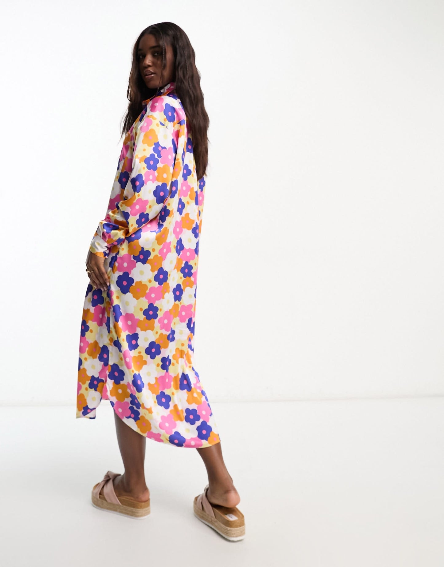 Monki maxi satin floral print shirt dress in multi