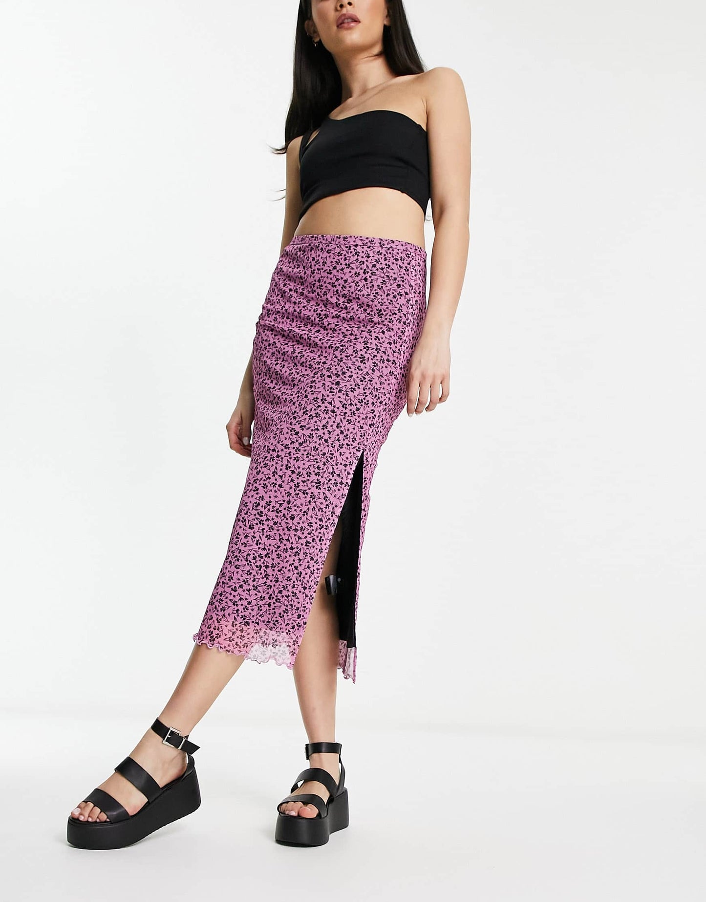 Monki mesh midi skirt with split in pink meadow floral