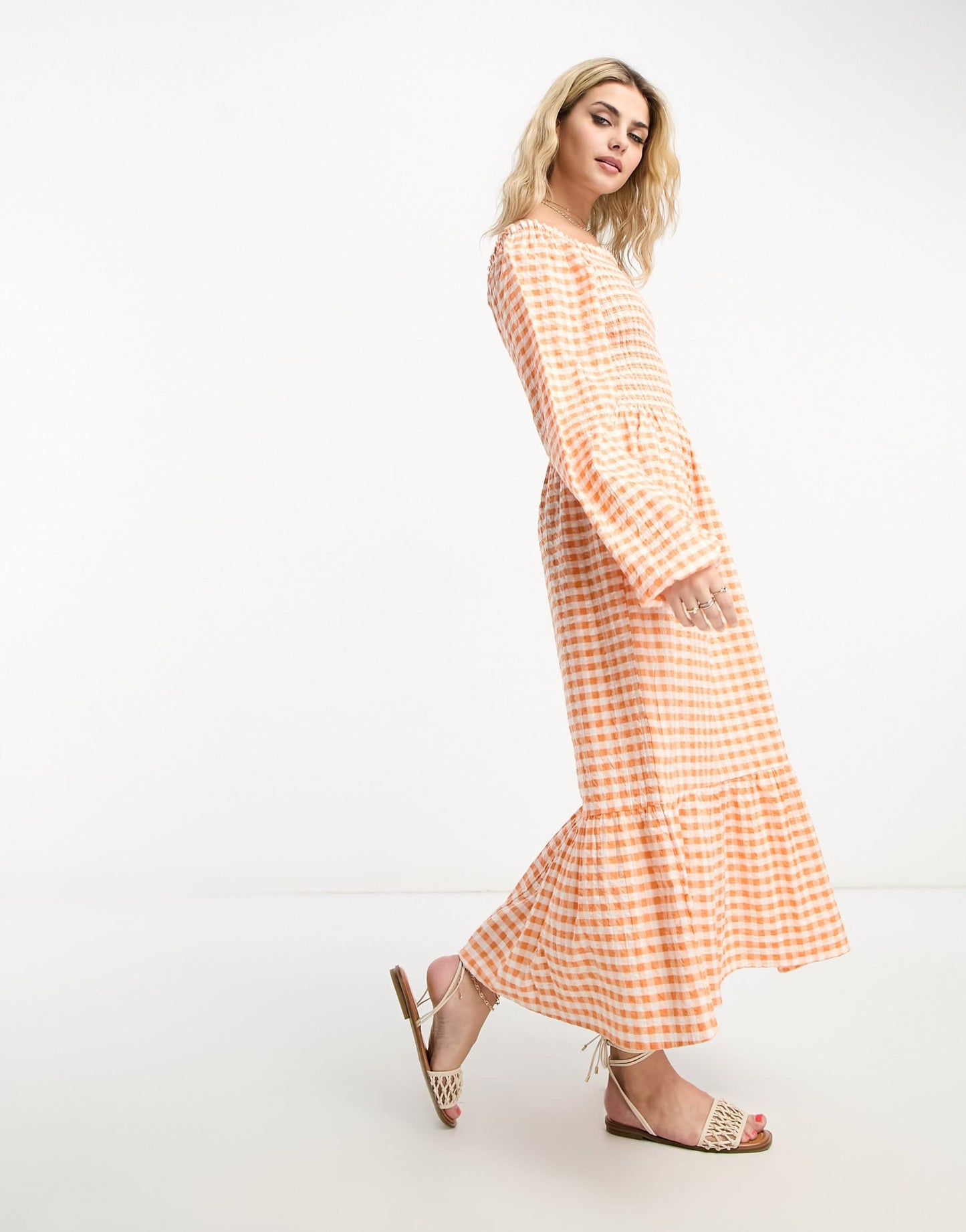 Monki long sleeve midi dress with ruffled hem in orange gingham