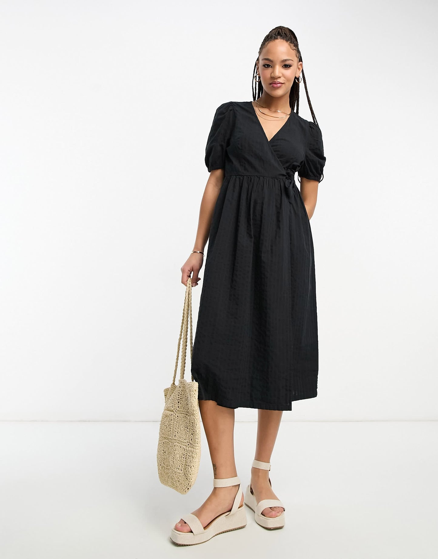Monki short sleeve midi dress in black
