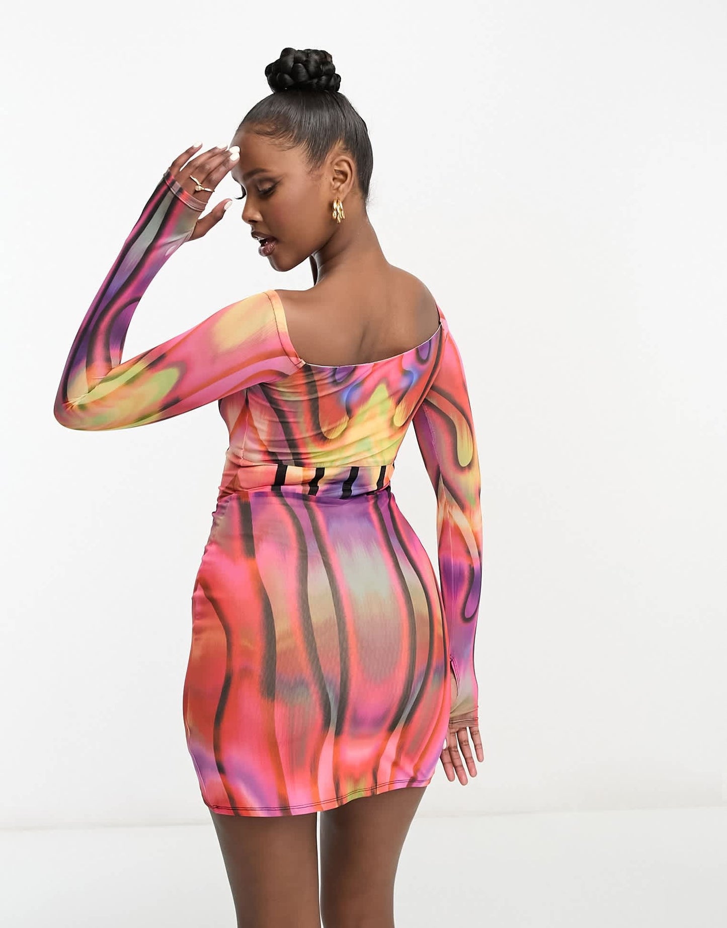 AFRM Novo off the shoulder boning mini dress in red multi