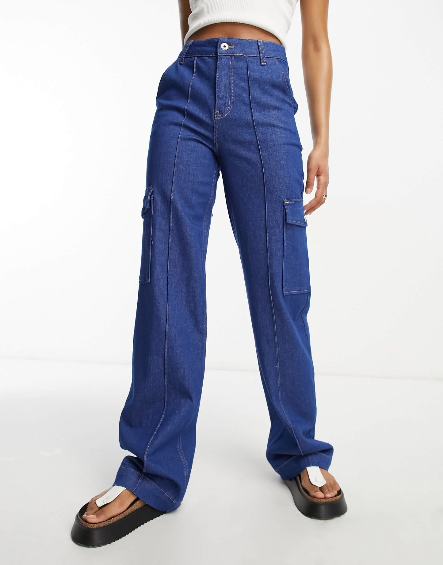 River Island Tall cargo pocket wide leg jean in dark blue wash