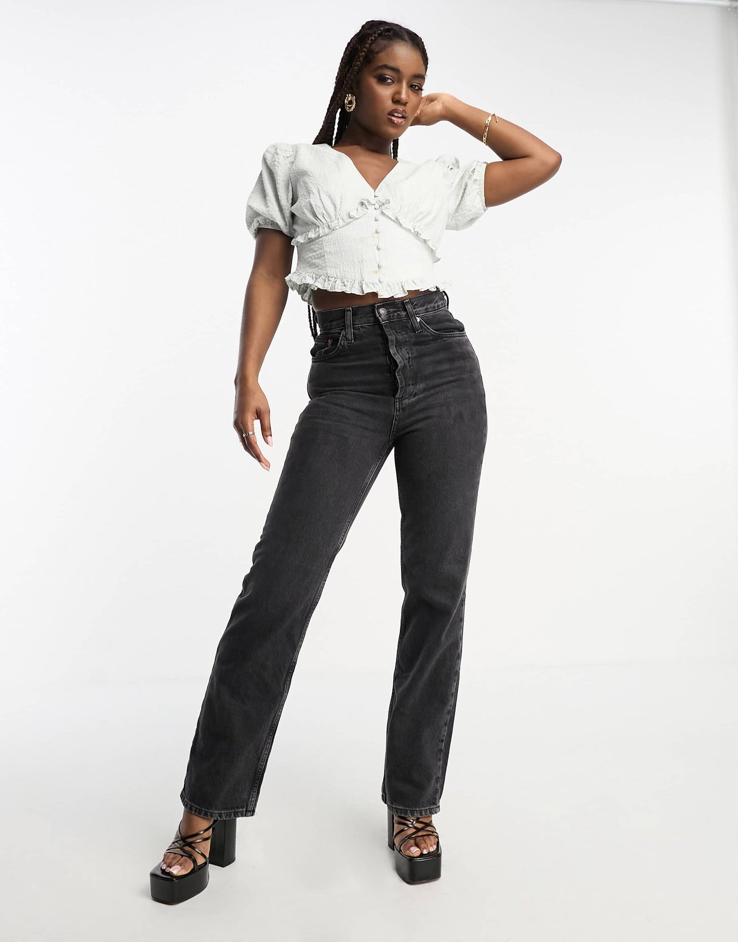 The Frolic exclusive v-neck button front puff sleeve blouse in blue gingham