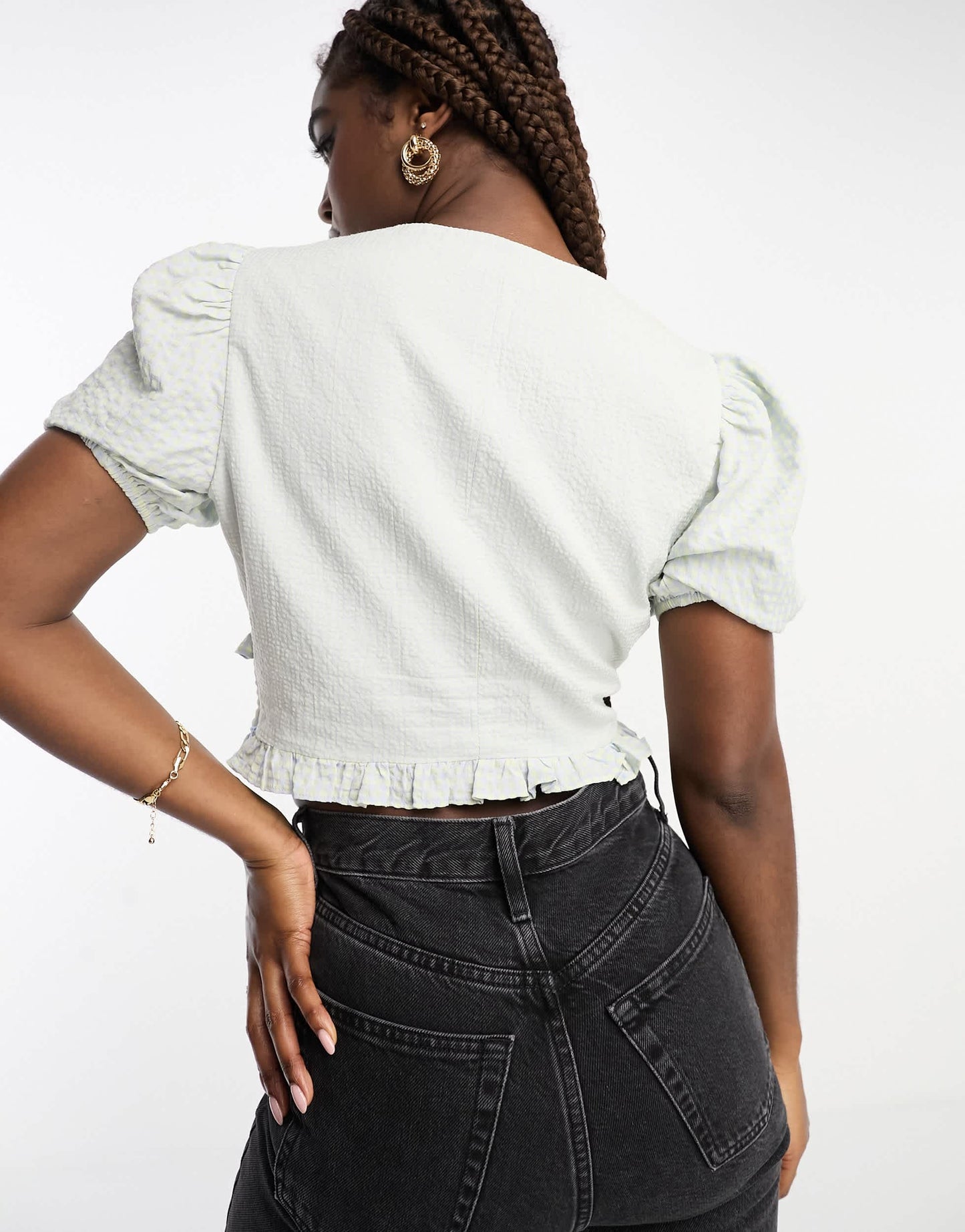 The Frolic exclusive v-neck button front puff sleeve blouse in blue gingham