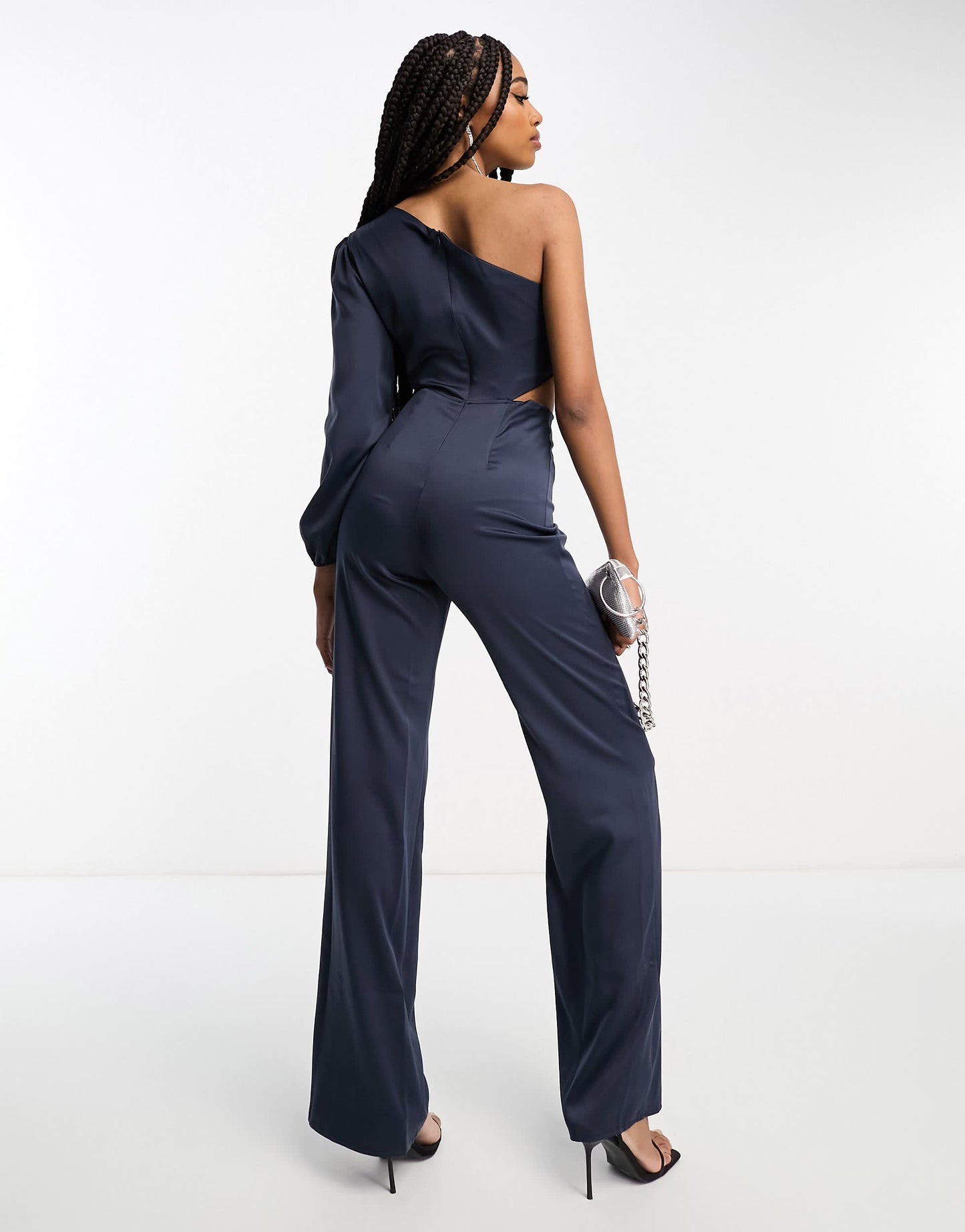 Vesper Tall bengaline one shoulder cut out detail jumpsuit in navy