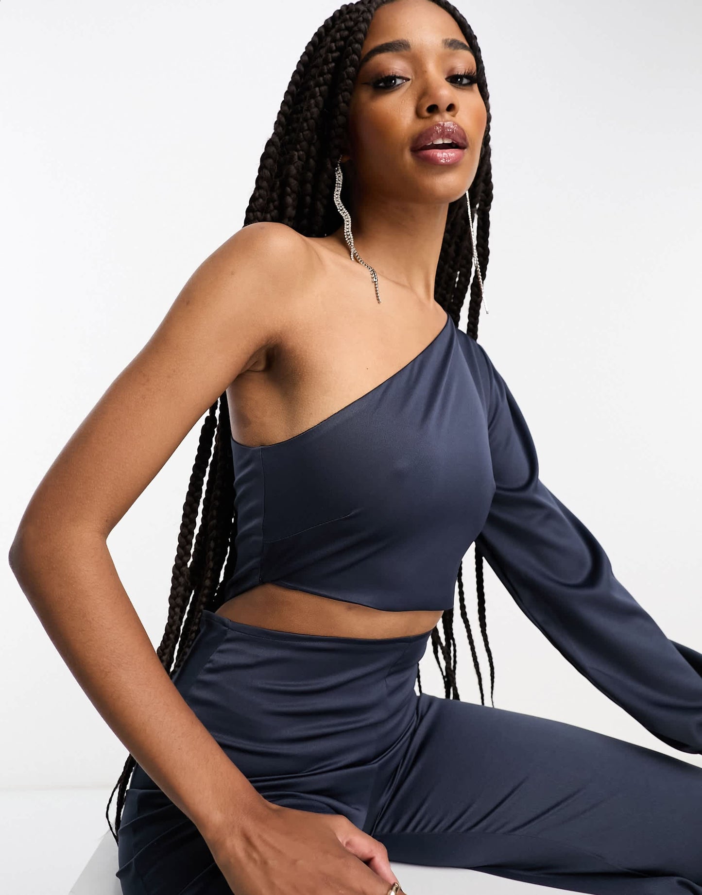 Vesper Tall bengaline one shoulder cut out detail jumpsuit in navy