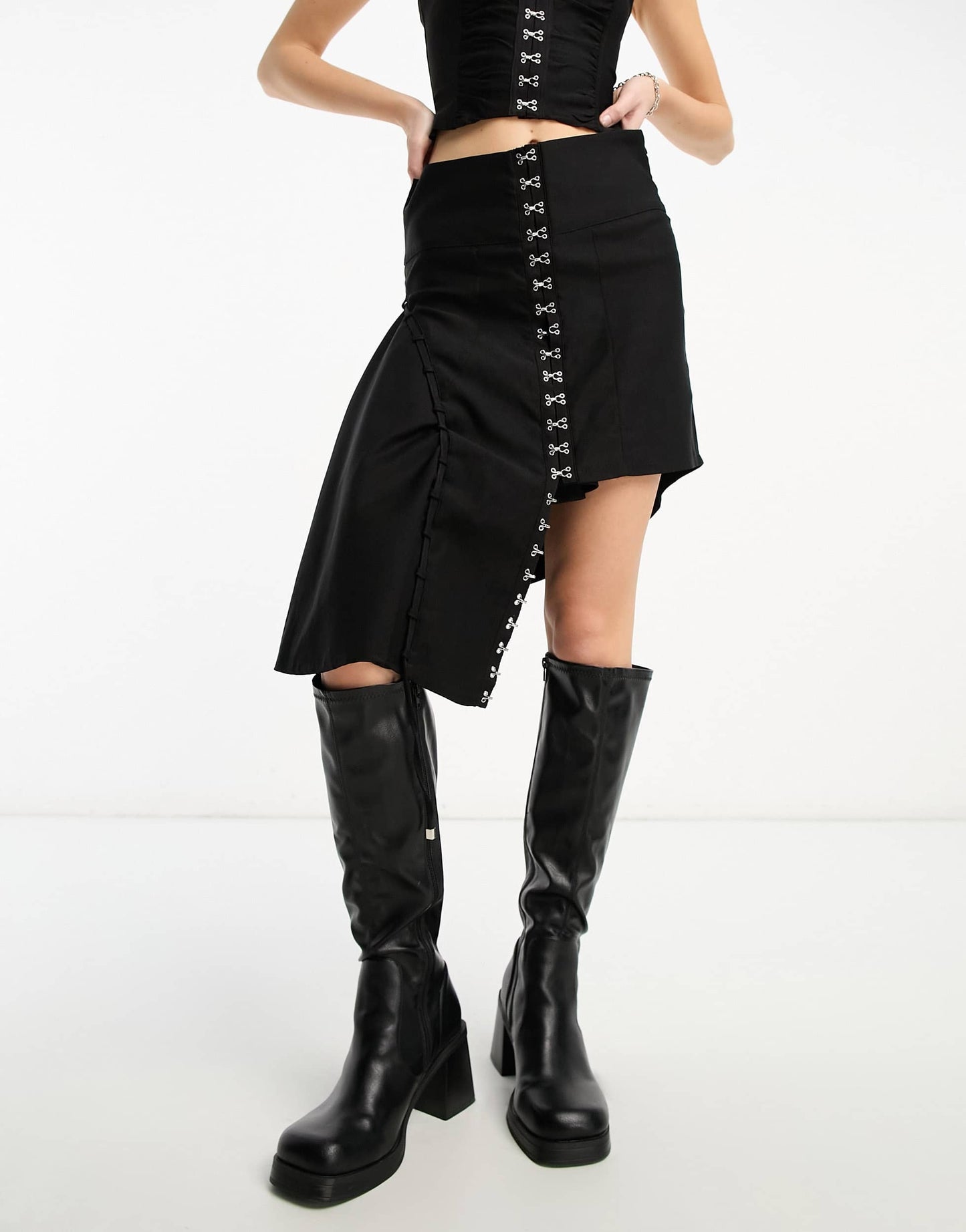Motel hook and eye detail midi skirt co-ord in black
