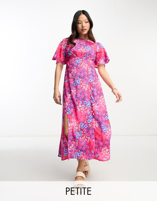 Influence Petite flutter sleeve midi tea dress in red and blue floral print