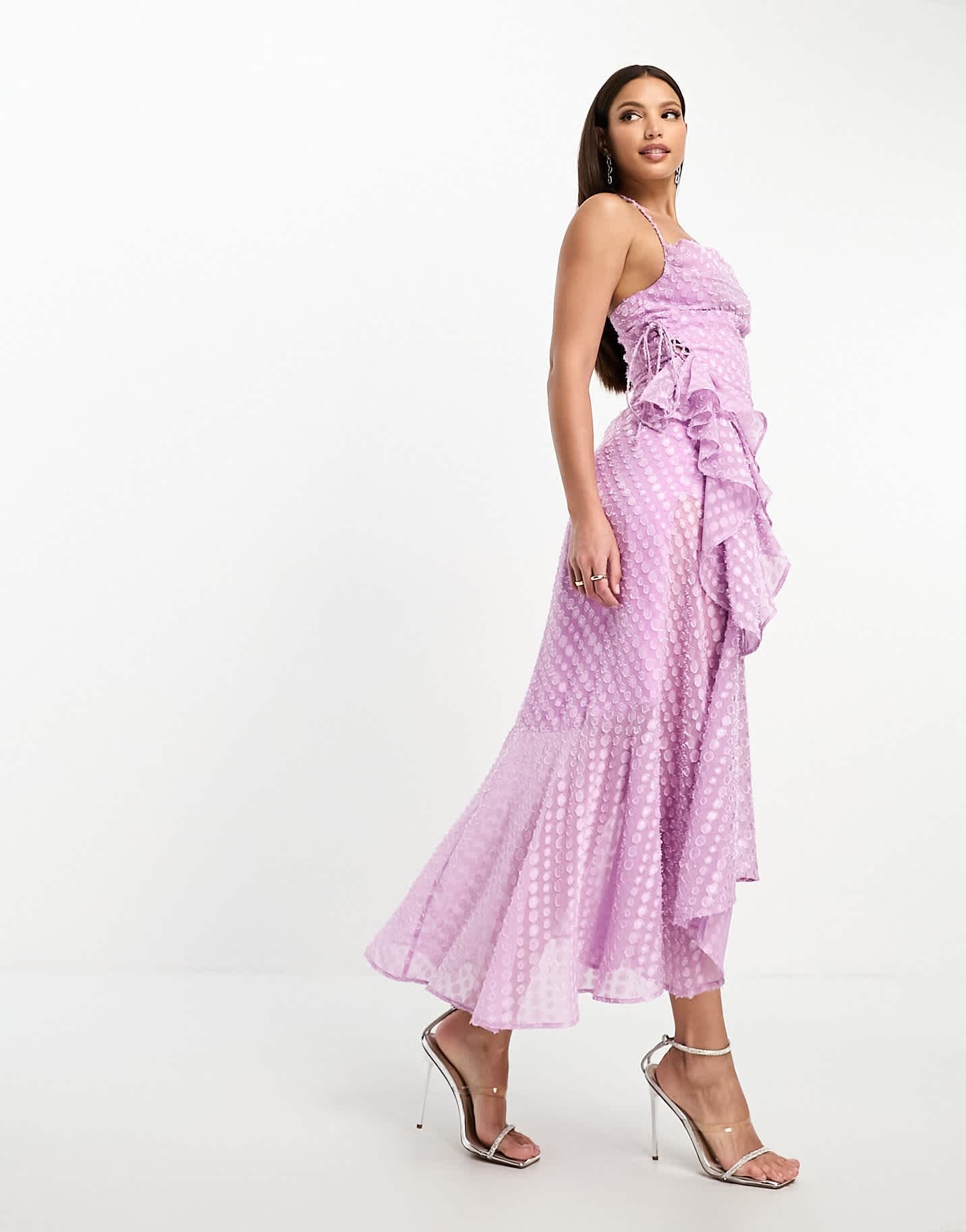 ASOS DESIGN Tall cowl neck frill detail hi low hem midi slip dress with tie side in lilac dobby