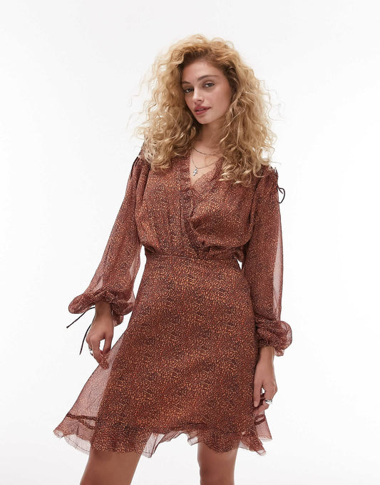 Topshop frill neck mini tea dress with raw seams in animal print