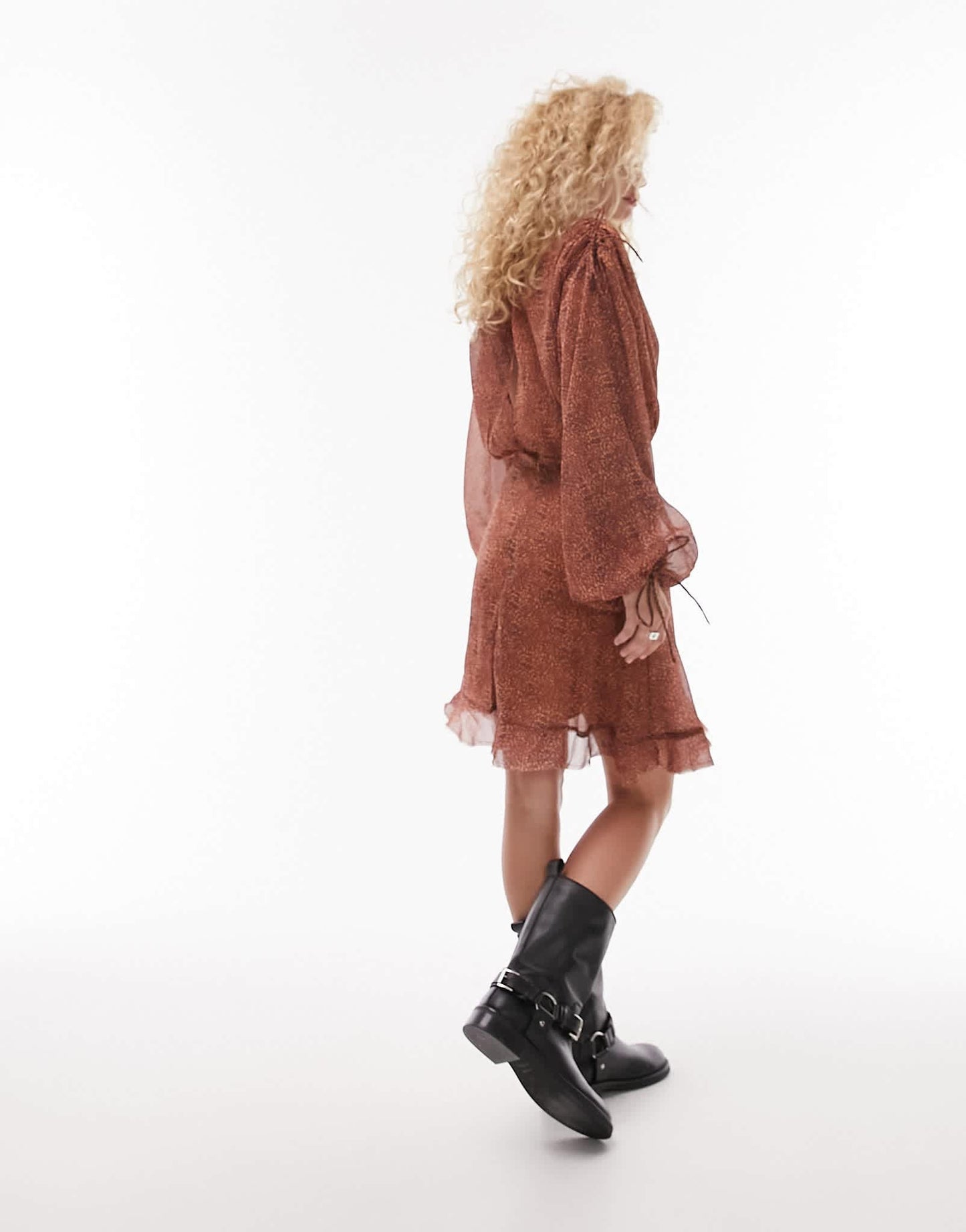 Topshop frill neck mini tea dress with raw seams in animal print