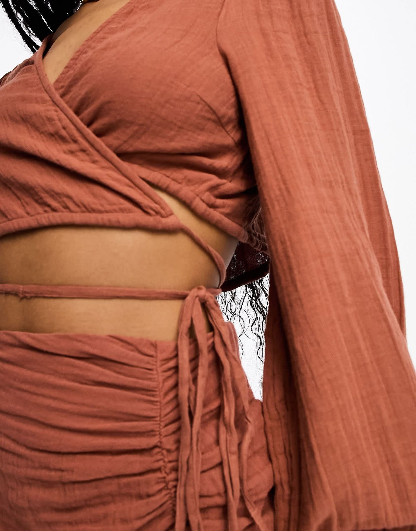 Pieces tie detail beach top co-ord in brown