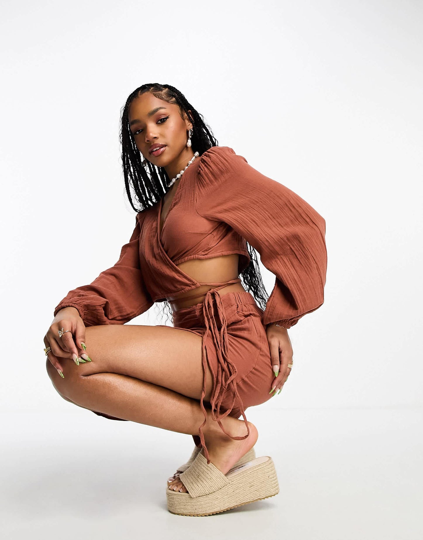 Pieces tie detail beach top co-ord in brown