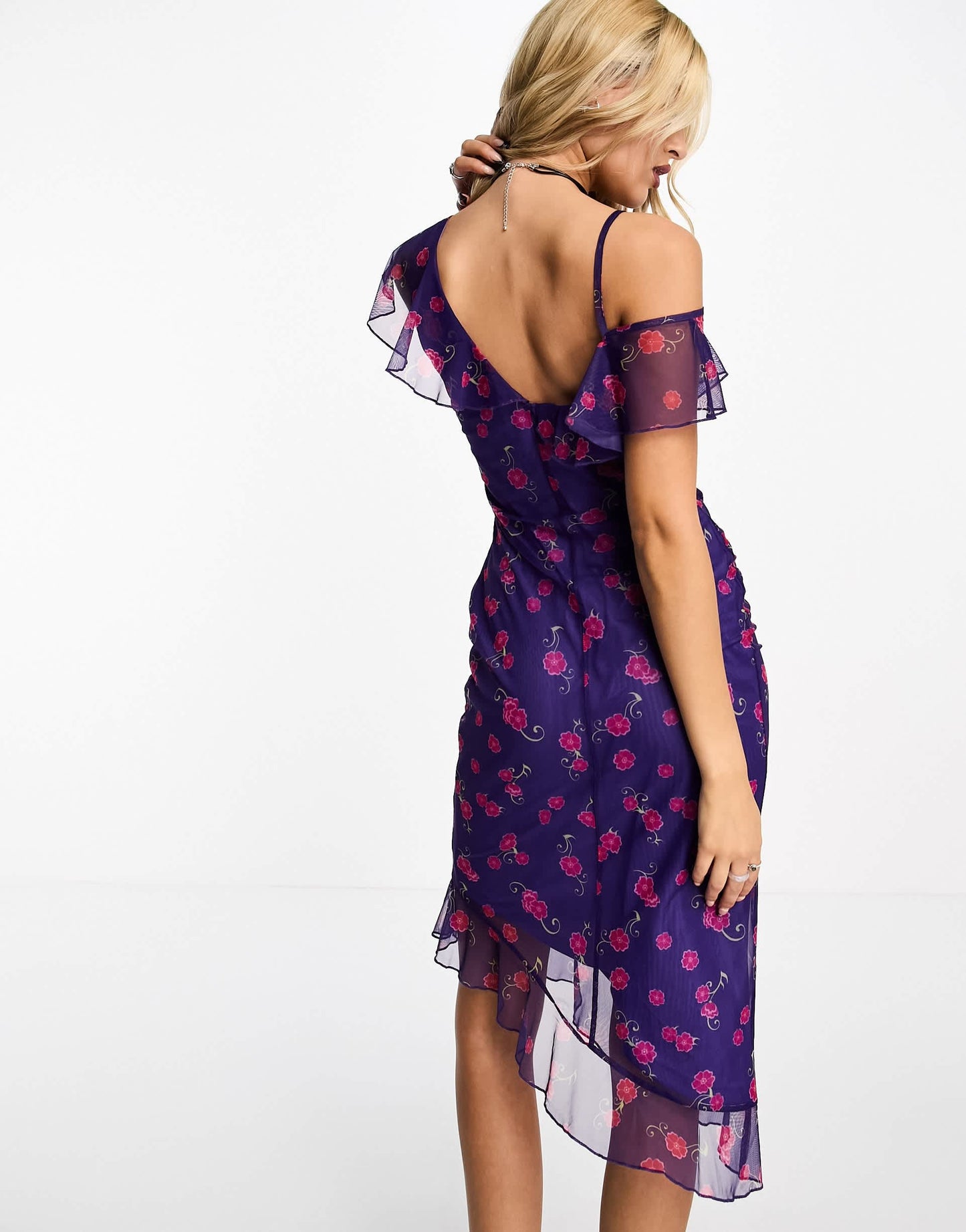 Heartbreak off shoulder mesh midi dress with ruffle details in blue floral print