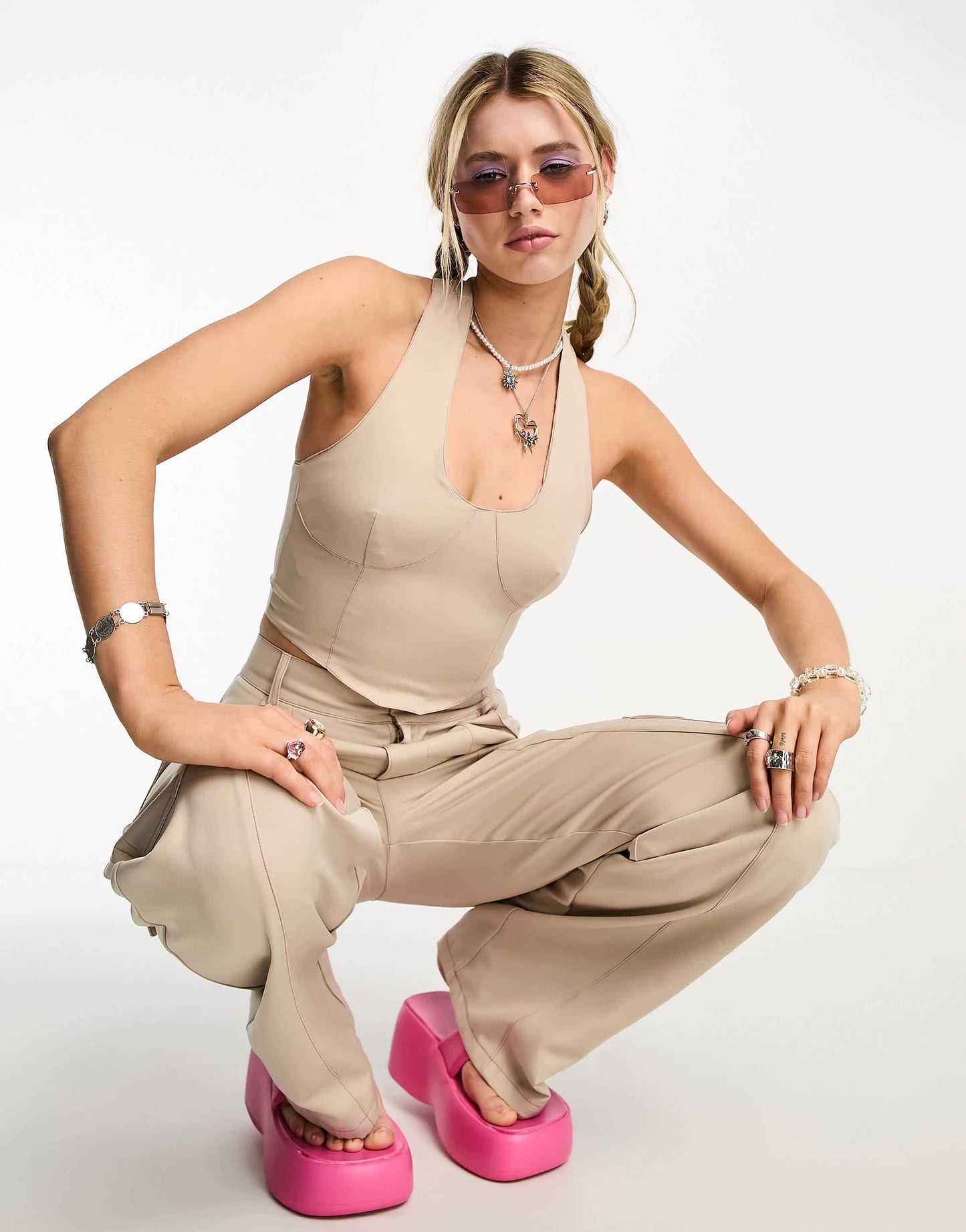 Heartbreak halter neck corset top with contrast stitch co-ord in beige