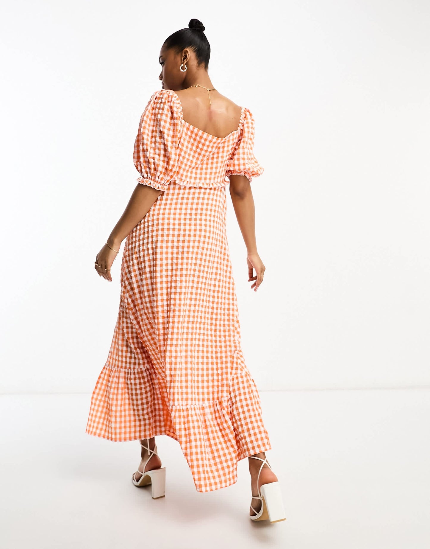 The Frolic exclusive gingham ruffle milkmaid midaxi dress in tangerine