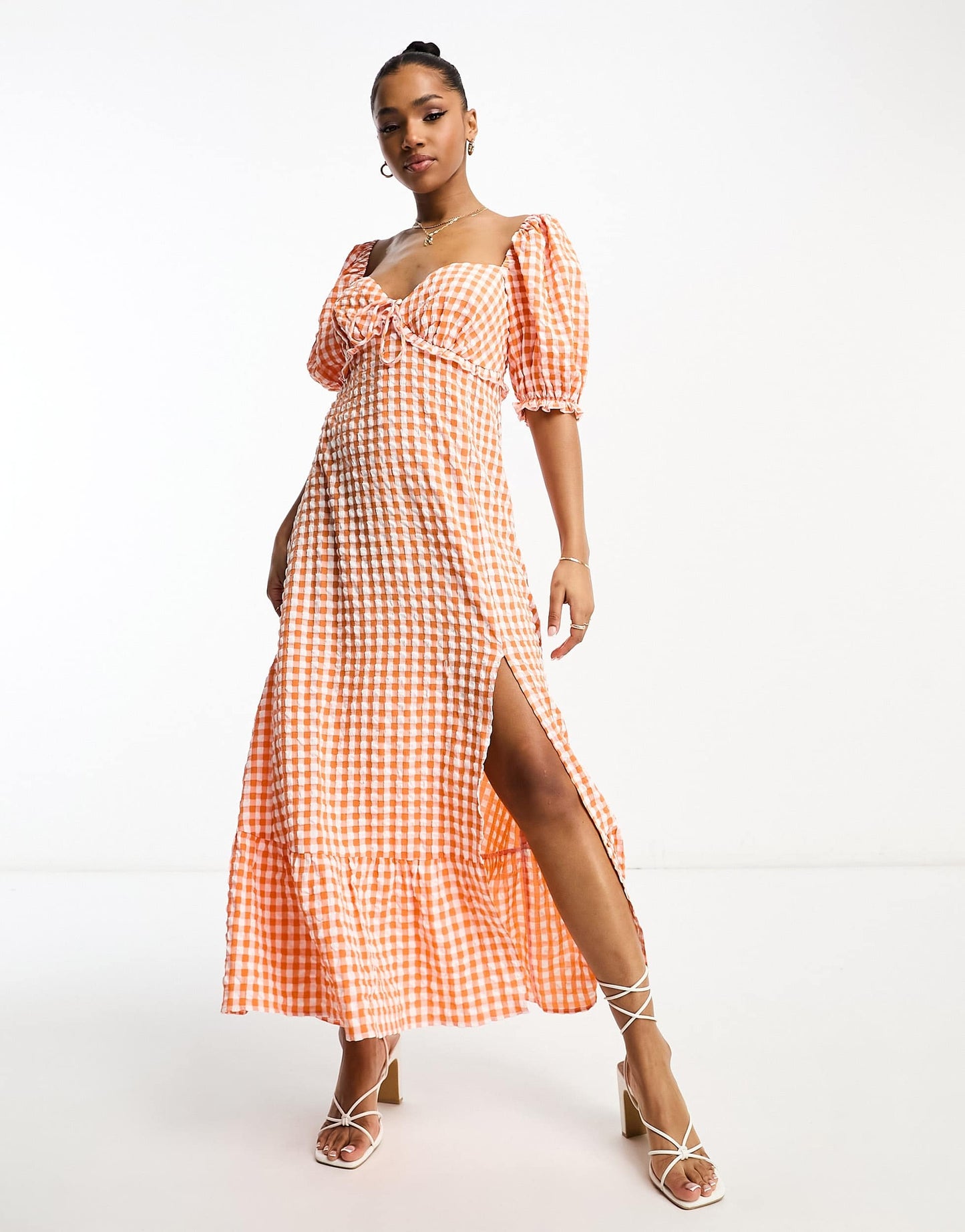 The Frolic exclusive gingham ruffle milkmaid midaxi dress in tangerine