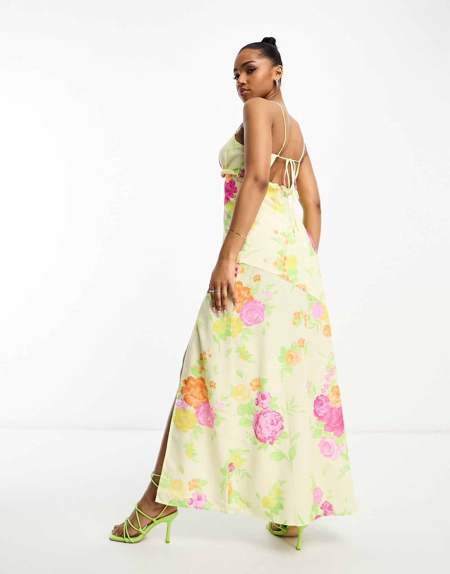The Frolic exclusive bloom floral print asymmetric ruffle maxi dress in multi