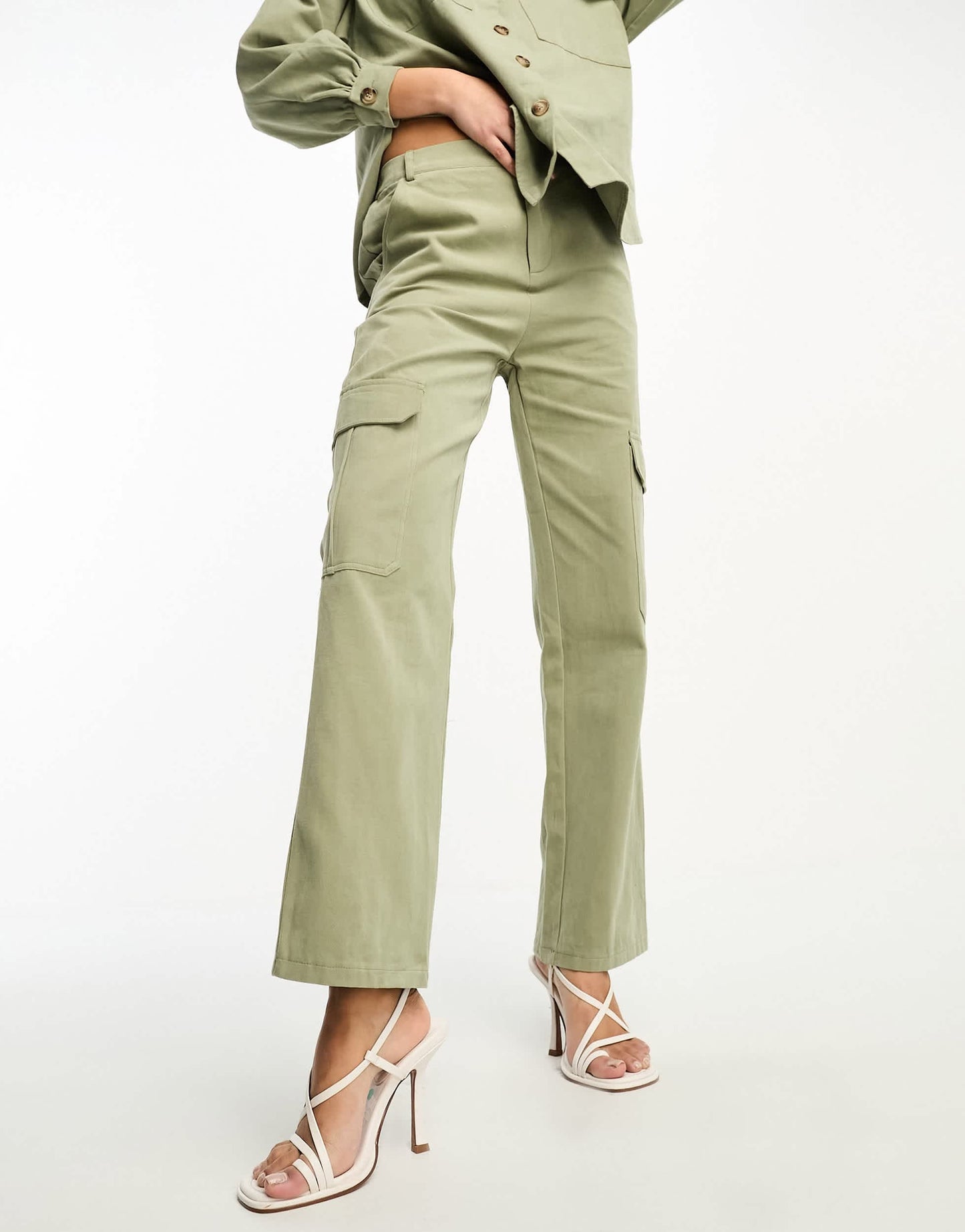 In The Style x Gemma Atkinson utility cargo trousers co-ord in khaki